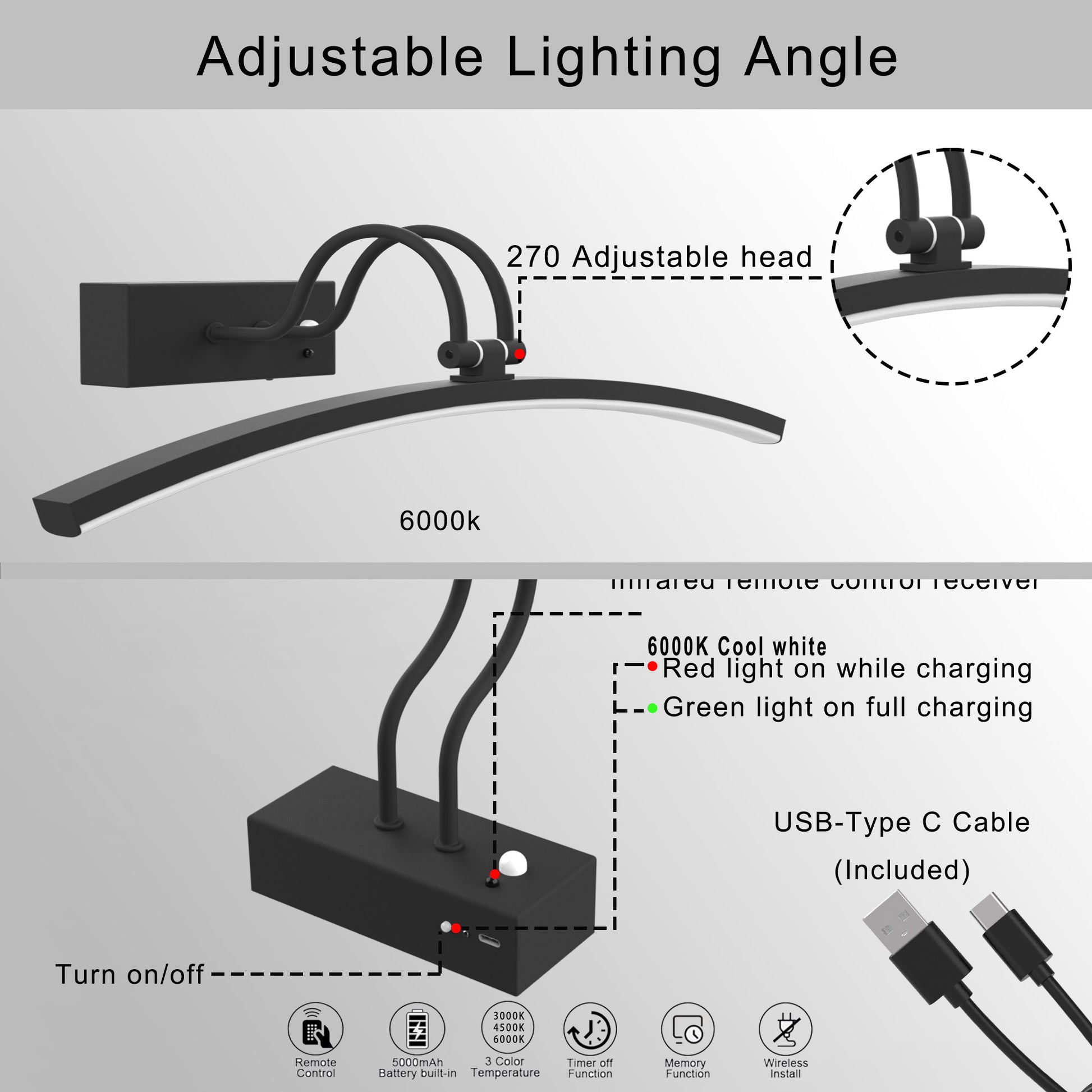 Close-Up of DECOTU Black Minimalist Wall Sconce - Cuboid Base & Curved Lines, Magnetic Installation Design