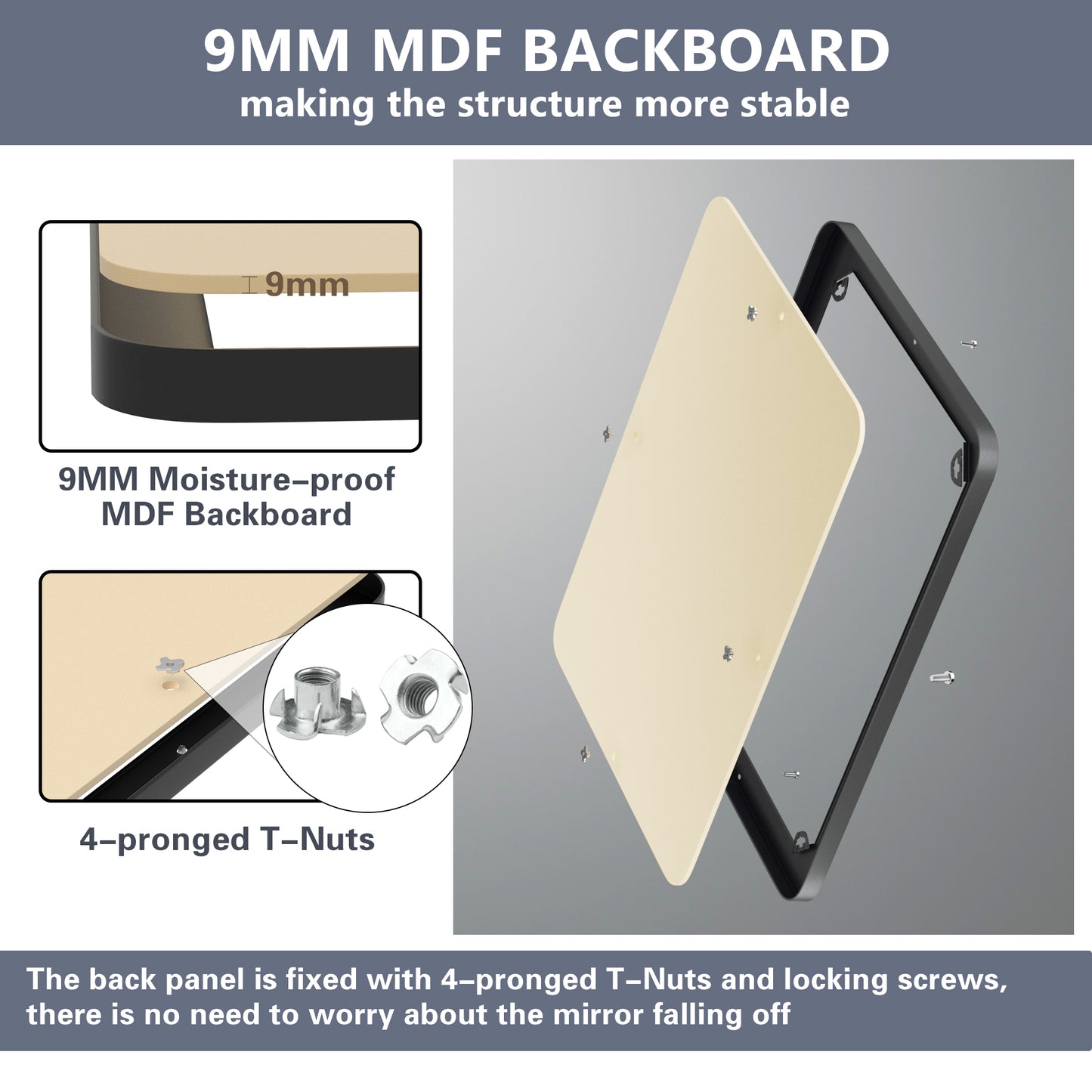 Structural Frame View of DECOTU Black Rectangular Wall Mirror with Anti-Oxidation Coating, Wall-Mounted for Bathroom Vanity