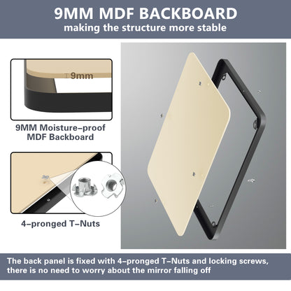 Structural Frame View of DECOTU Black Rectangular Wall Mirror with Anti-Oxidation Coating, Wall-Mounted for Bathroom Vanity