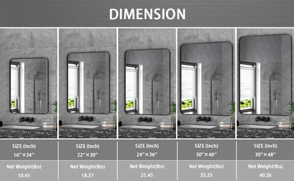 DECOTU Black Rectangular Wall Mirror, Various Sizes Available for Custom Needs, Size Diagram