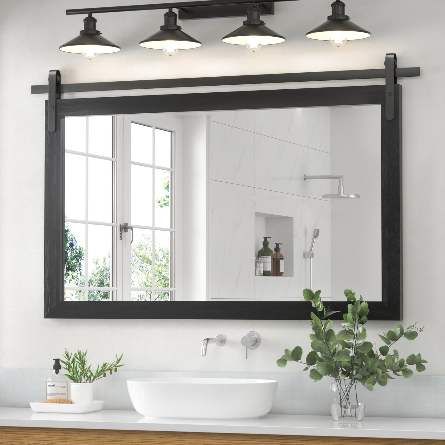 DECOTU Black Wood Rectangular Wall Mirror, Handmade Rustic Frame with Iron Clip & HD Glass, Wall-Mounted for Bathroom
