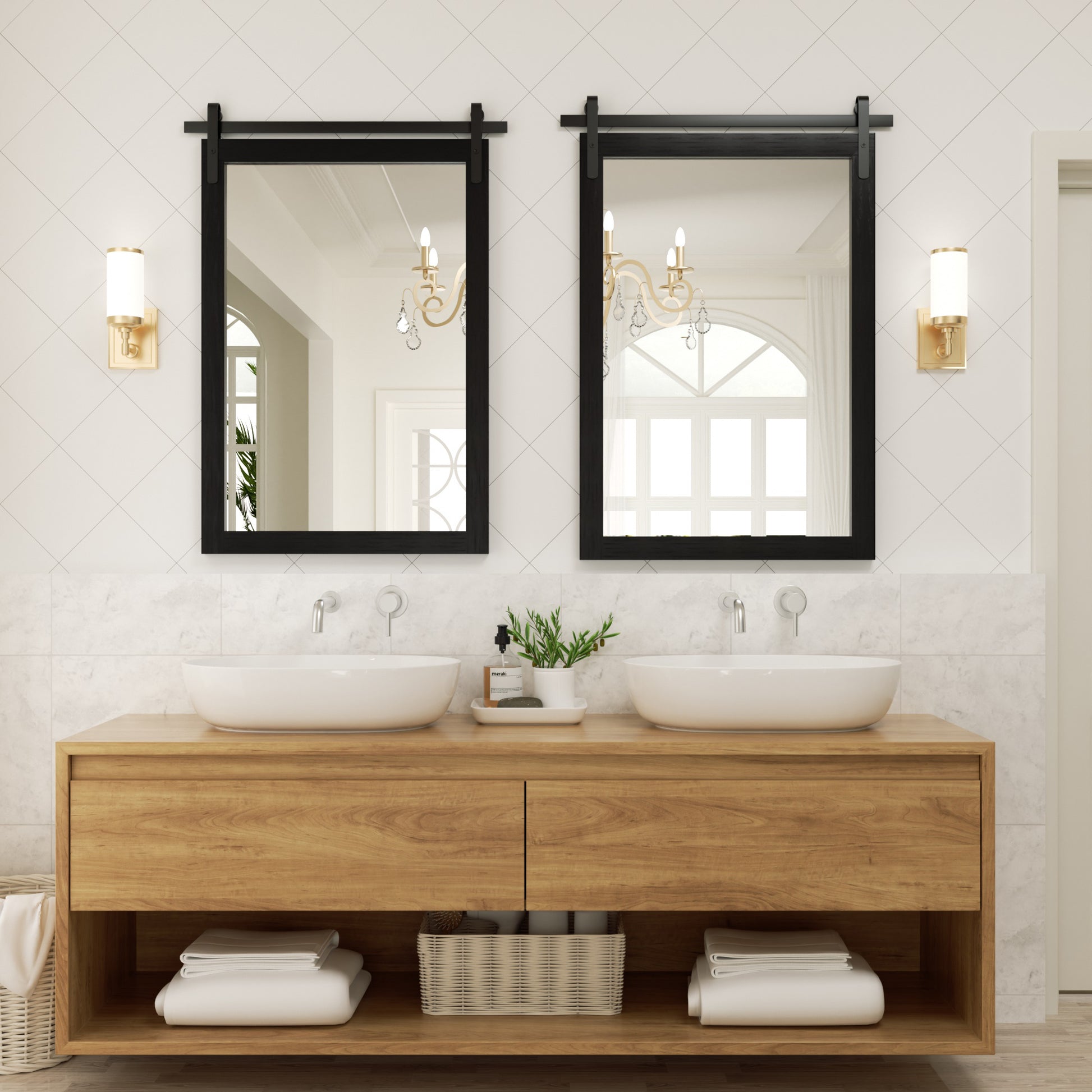 DECOTU Black Wood Rectangular Wall Mirror, Handmade Rustic Frame with Iron Clip & HD Glass, Wall-Mounted Setup in Bathroom Space 