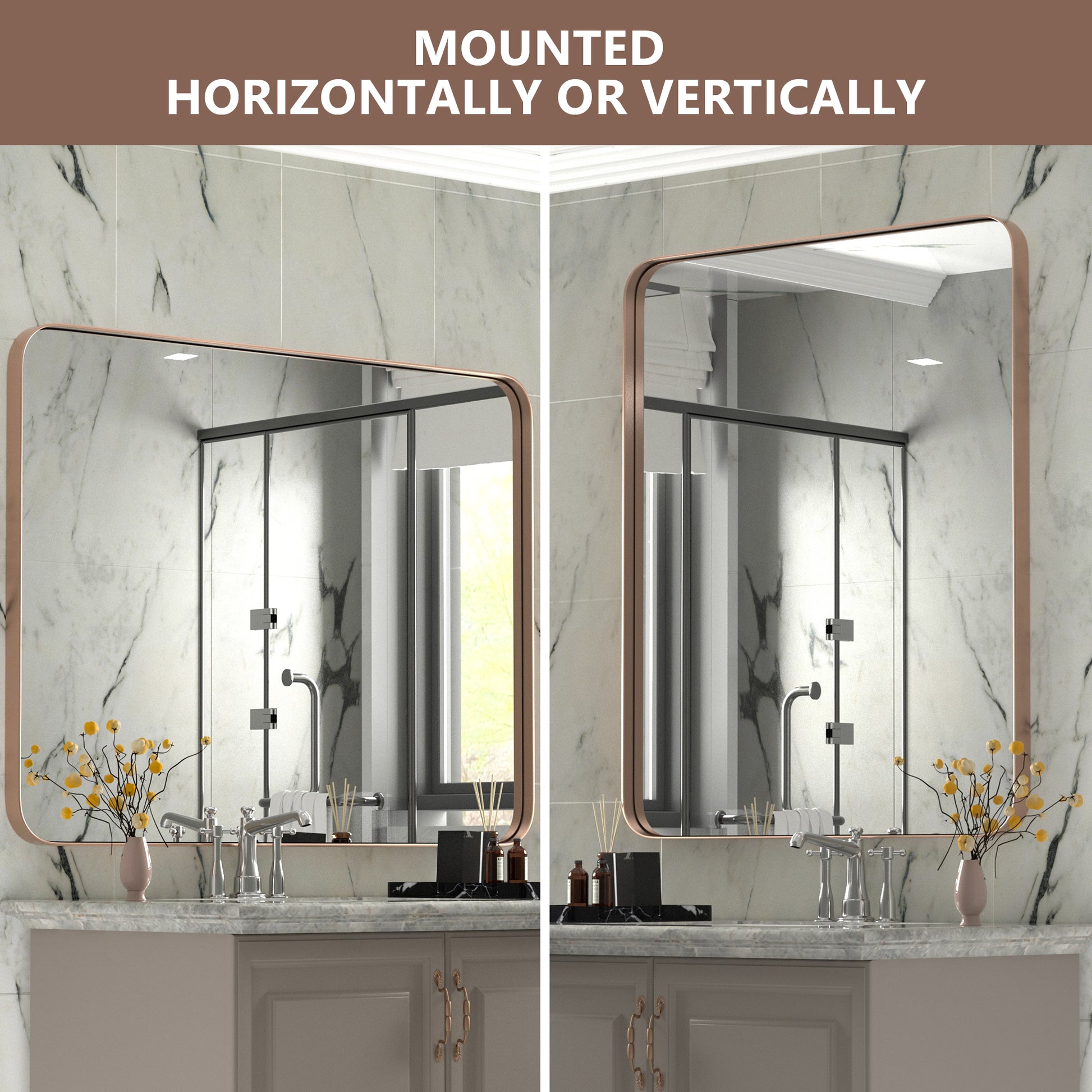 Mounted Method of DECOTU Brown Rectangular Wall Mirror with Anti-Oxidation Coating, Wall-Mounted for Bathroom Vanity