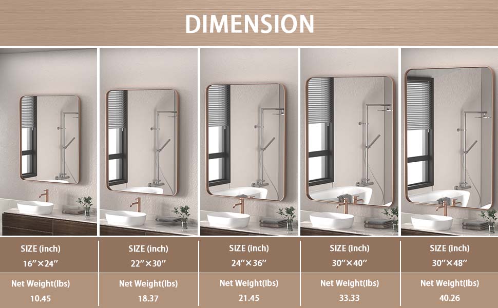 DECOTU Brown Rectangular Wall Mirror, Various Sizes Available for Custom Needs, Size Diagram