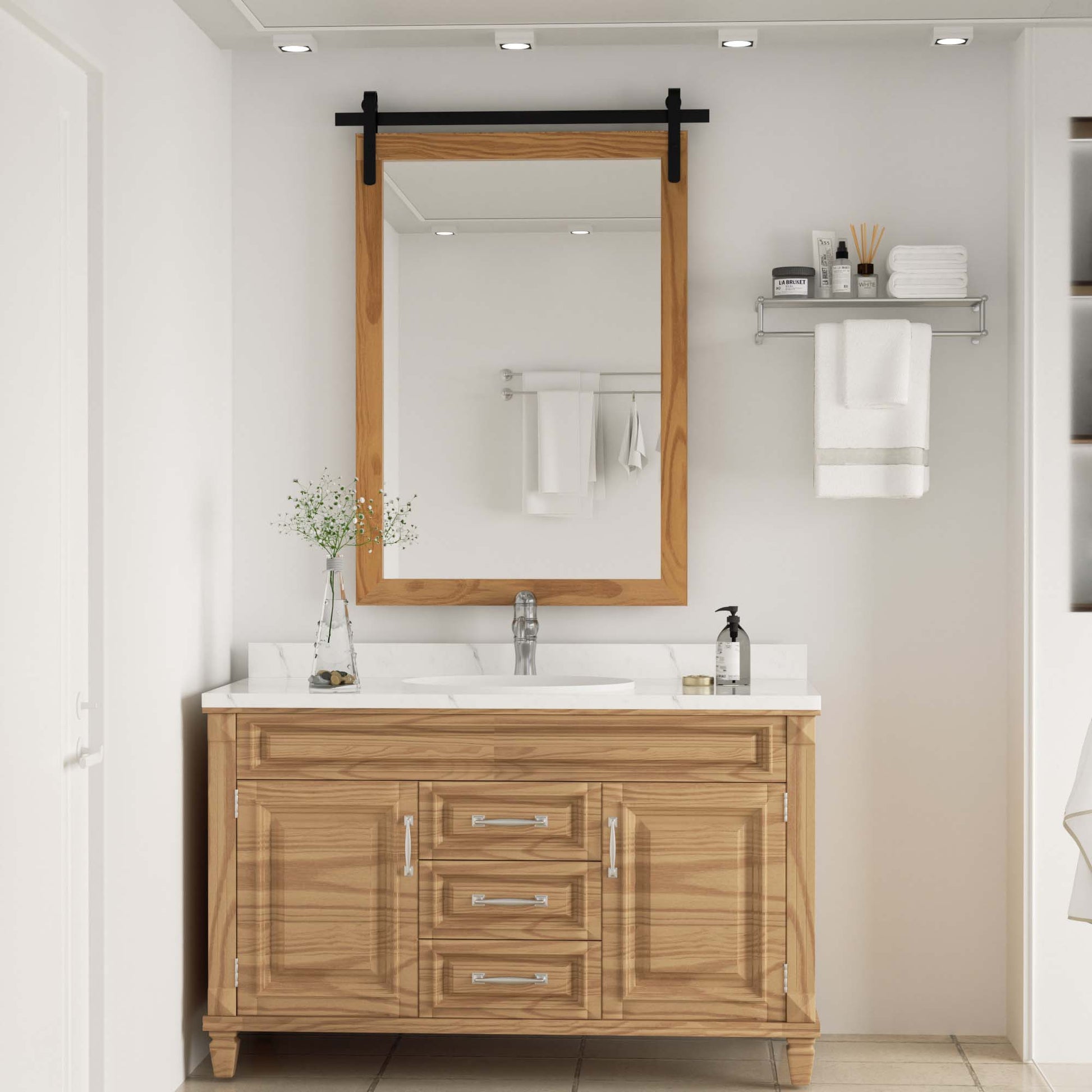 DECOTU Brown Wood Rectangular Wall Mirror, Handmade Rustic Frame with Iron Clip & HD Glass, Wall-Mounted for Bathroom