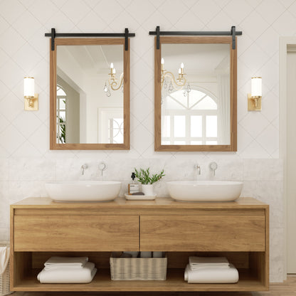 DECOTU Brown Wood Rectangular Wall Mirror, Handmade Rustic Frame with Iron Clip & HD Glass, Wall-Mounted Setup in Bathroom Space 