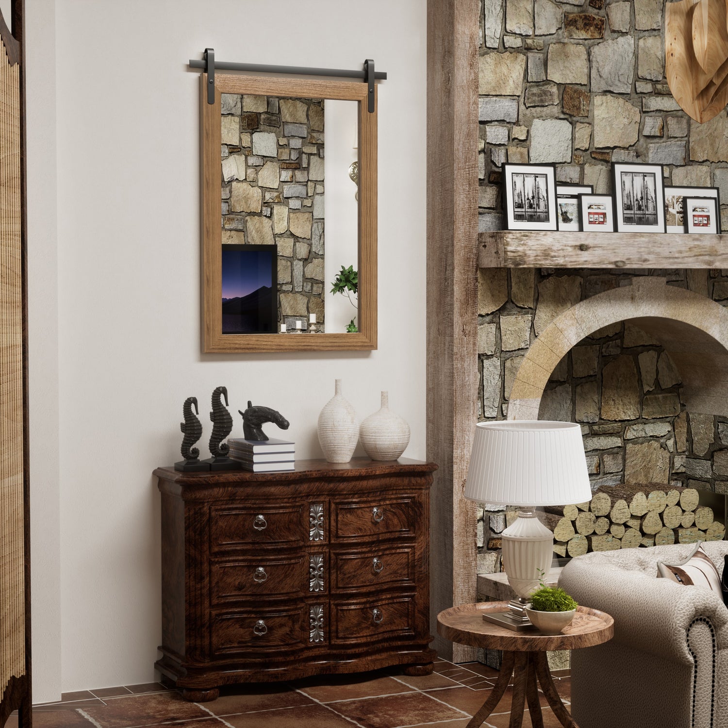 DECOTU Deep Brown Wood Rectangular Wall Mirror, Handmade Rustic Frame with Iron Clip & HD Glass, Wall-Mounted for Home Decor