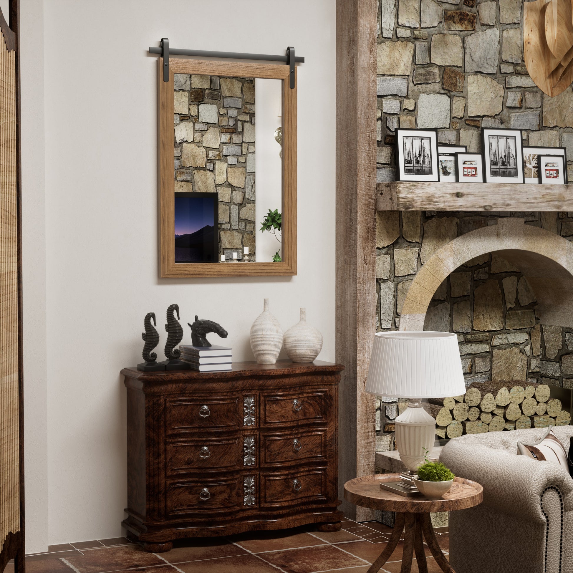 DECOTU Deep Brown Wood Rectangular Wall Mirror, Handmade Rustic Frame with Iron Clip & HD Glass, Wall-Mounted for Home Decor