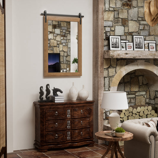 DECOTU Deep Brown Wood Rectangular Wall Mirror, Handmade Rustic Frame with Iron Clip & HD Glass, Wall-Mounted for Home Decor