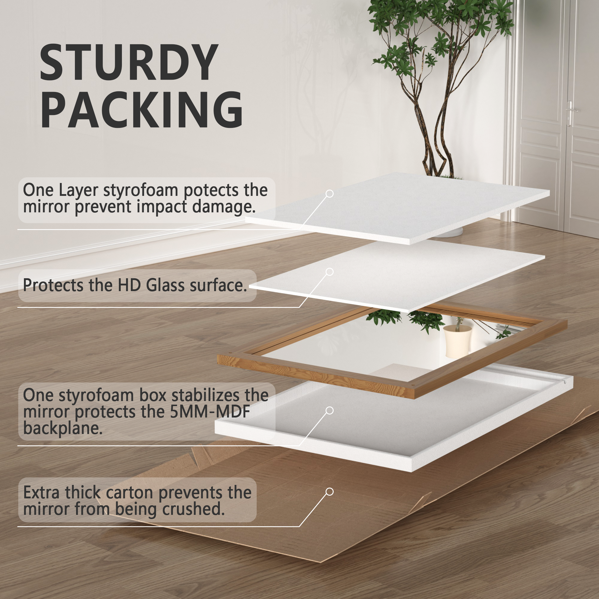 Packaging Disassembly Diagram of DECOTU Deep Brown Wood Rectangular Wall Mirror