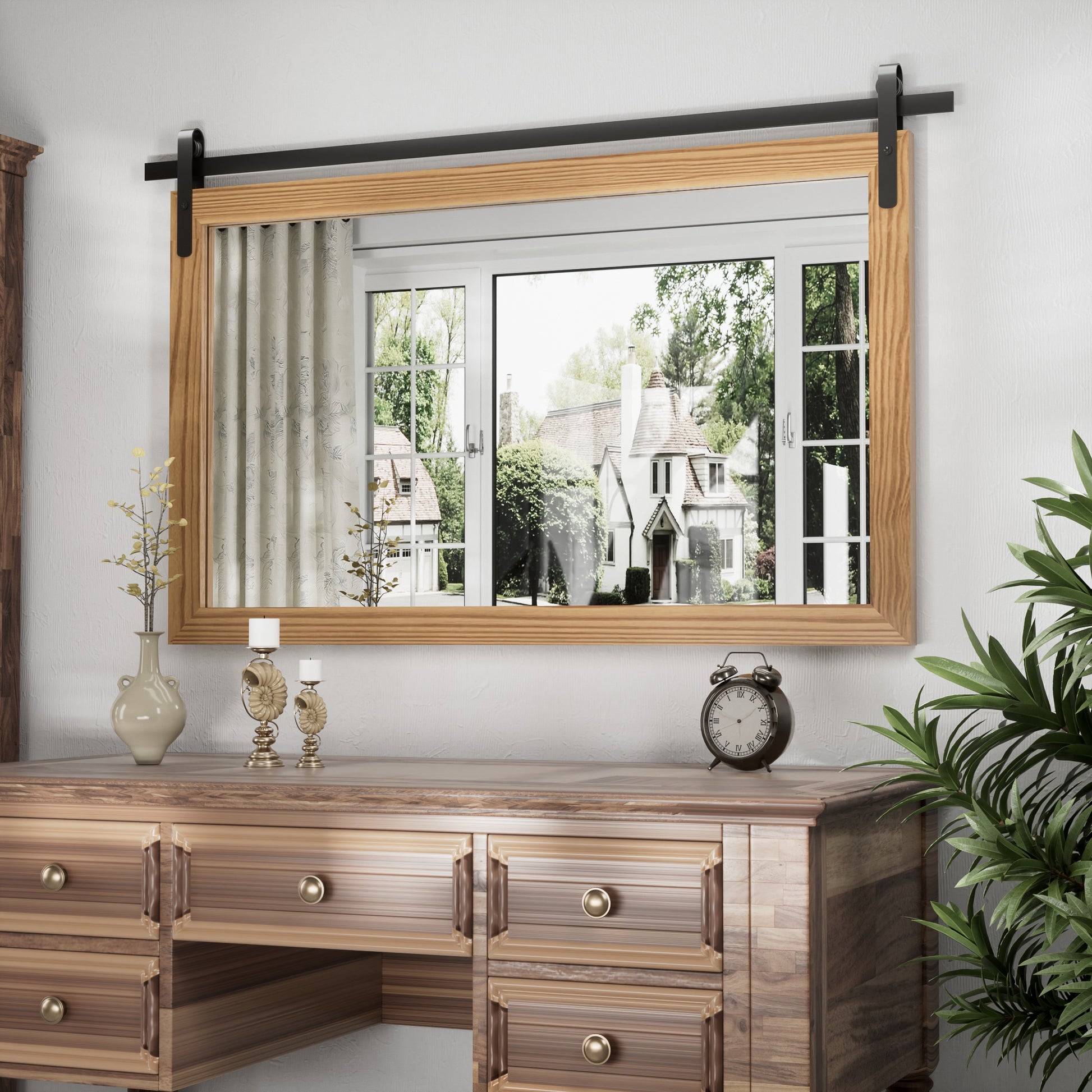 DECOTU Deep Brown Wood Rectangular Wall Mirror, Handmade Rustic Frame with Iron Clip & HD Glass, Wall-Mounted Setup in Home