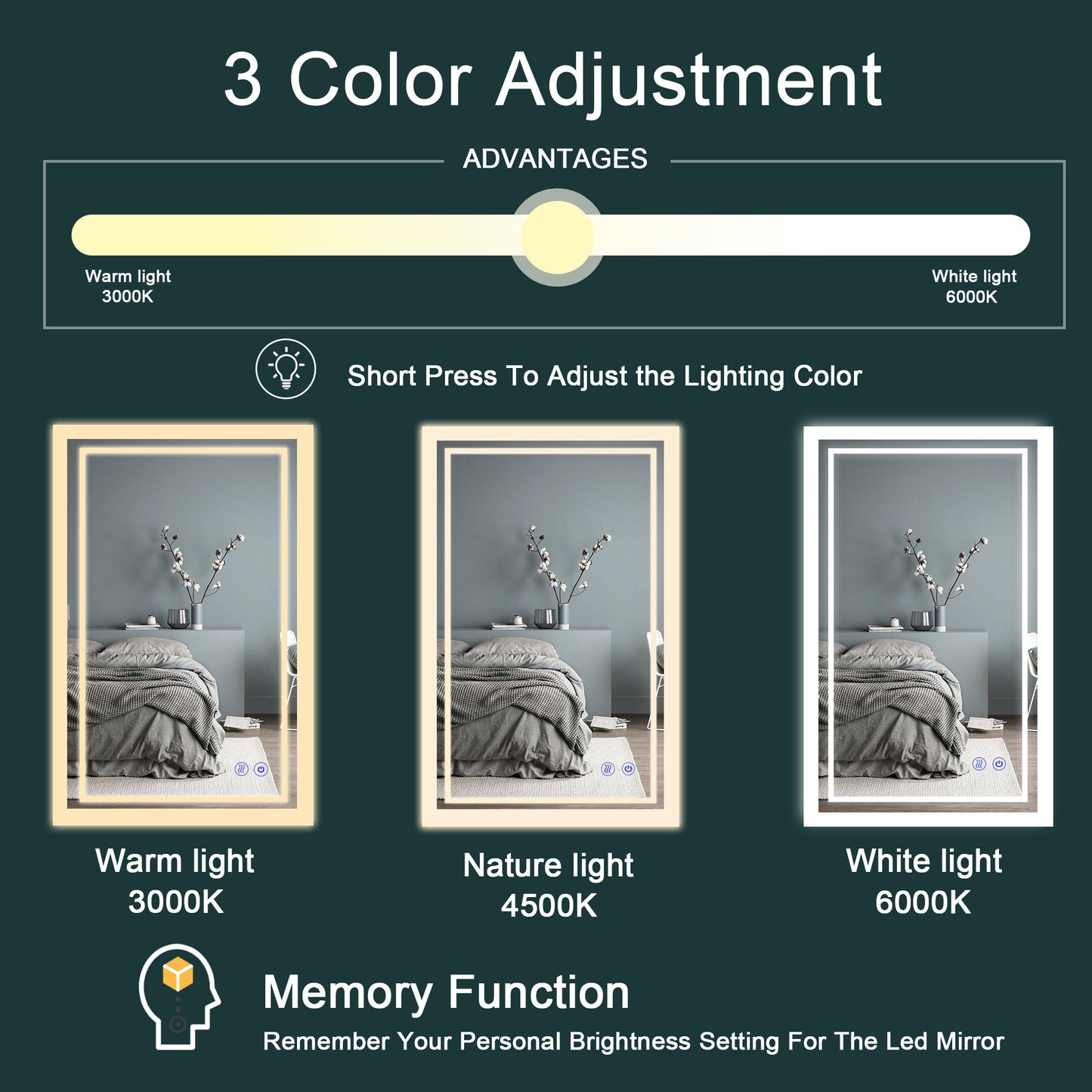 DECOTU Double Strip LED Vanity Mirror - 3 Color Modes (Warm/Cool/Natural White) Display, Touch Control, Wall-Mounted Design