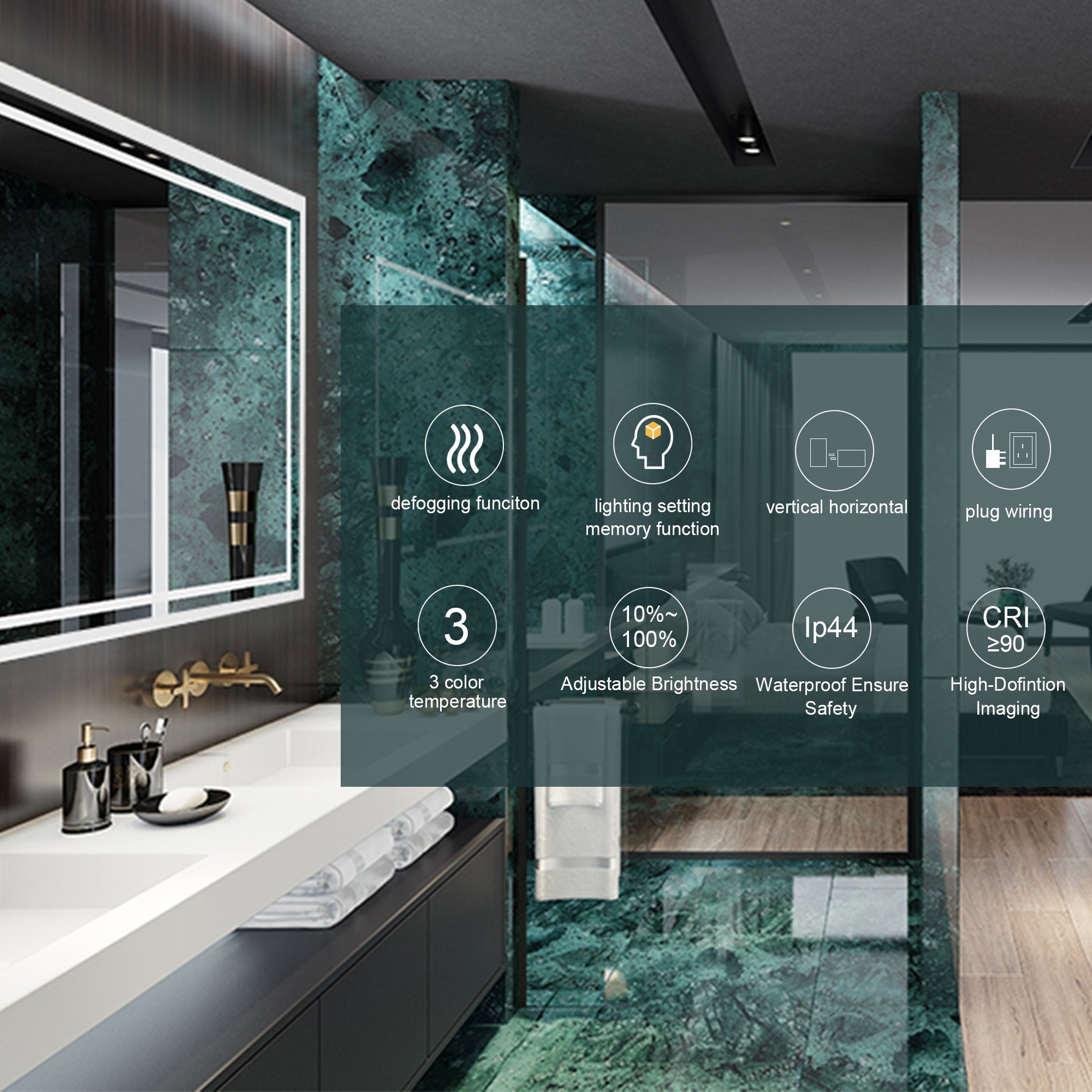 DECOTU Double Strip LED Vanity Mirror - Highlighting IP44 Waterproof, 3 Color Modes, Anti-Fog & HD Reflection, Wall-Mounte