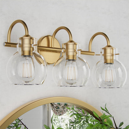 DECOTU Gold Vanity Light, Gourd Glass Shade & Three-Head Structure, Anti-Rust Coating for Living Room & Bathroom Mirror