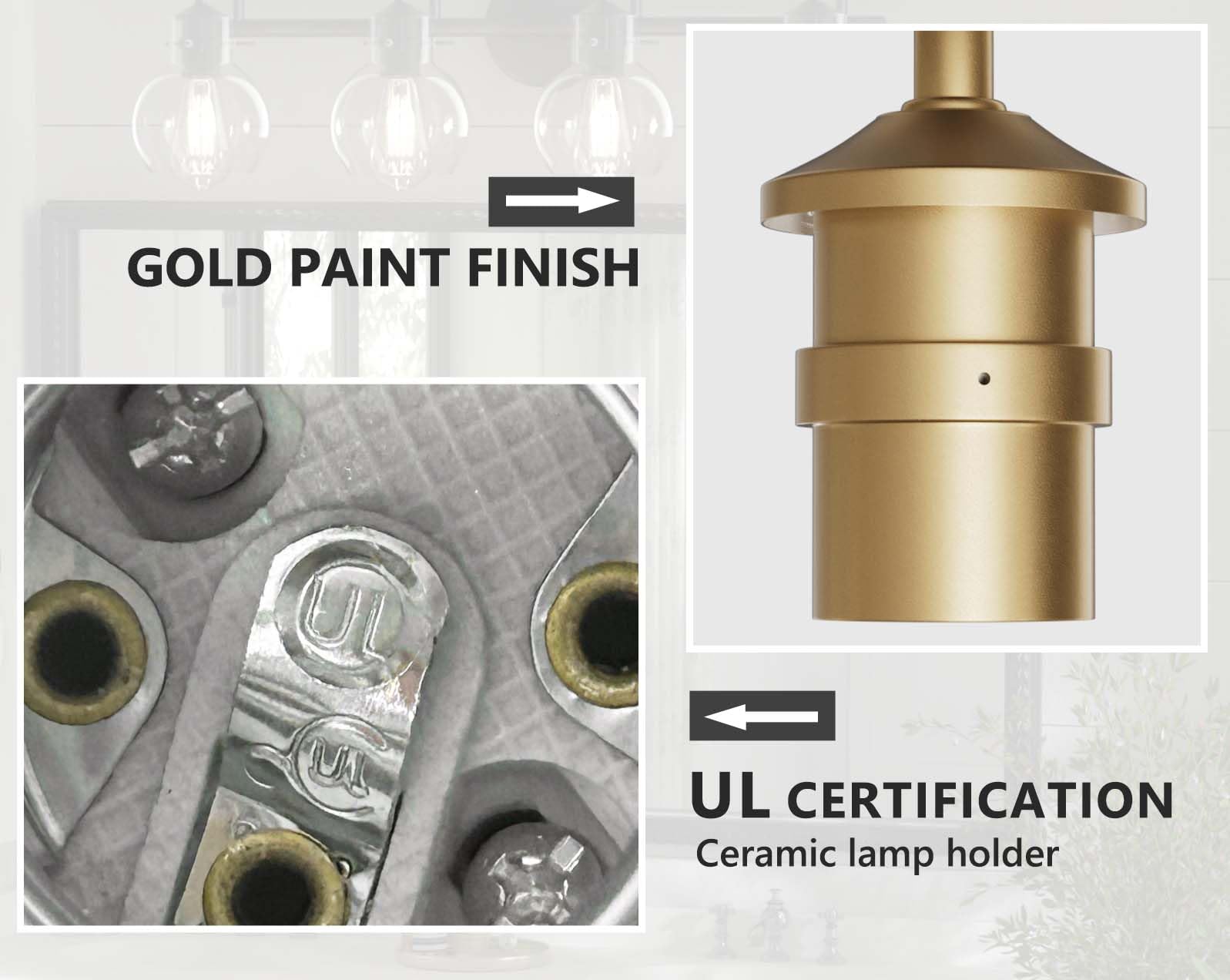 The Gold Finish and UL Certification of DECOTU Gold Gourd Glass Shade Vanity Light