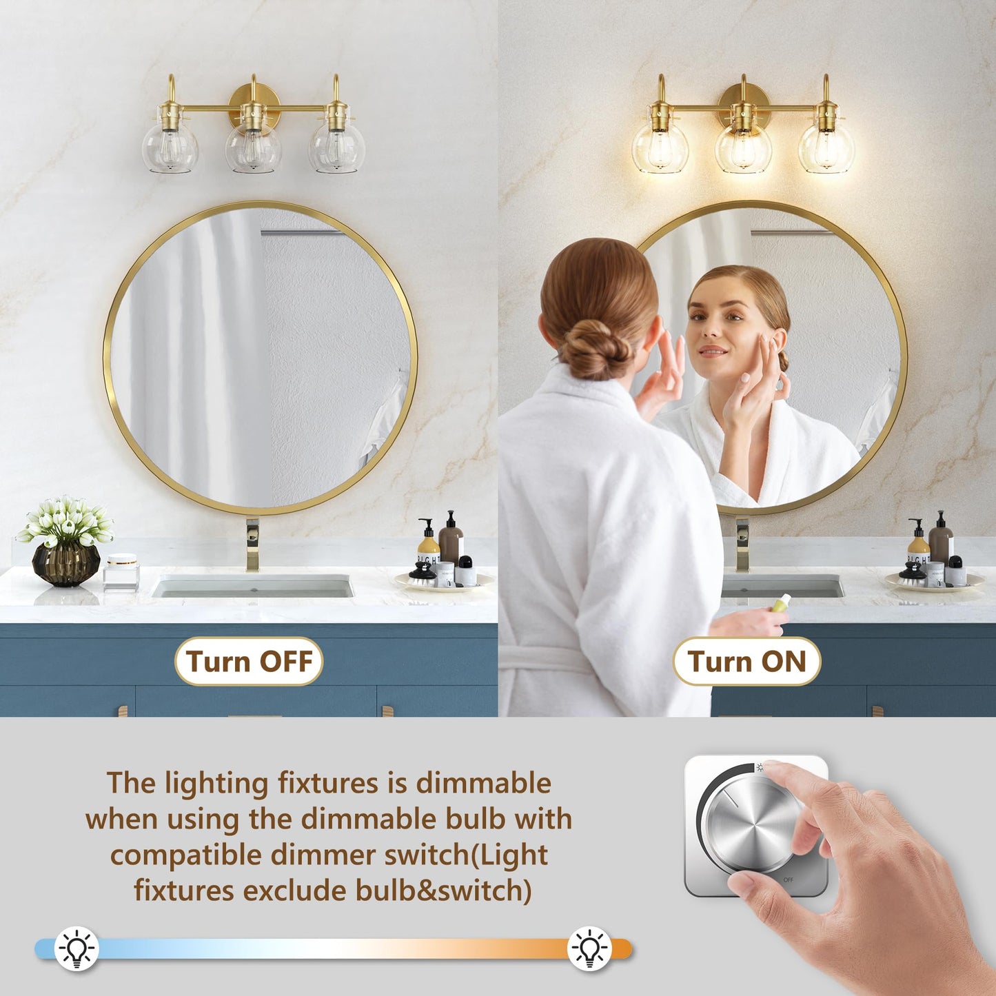Detailed Comparison of the DECOTU Gold Gourd Glass Shade Vanity Light Before and After Switching on