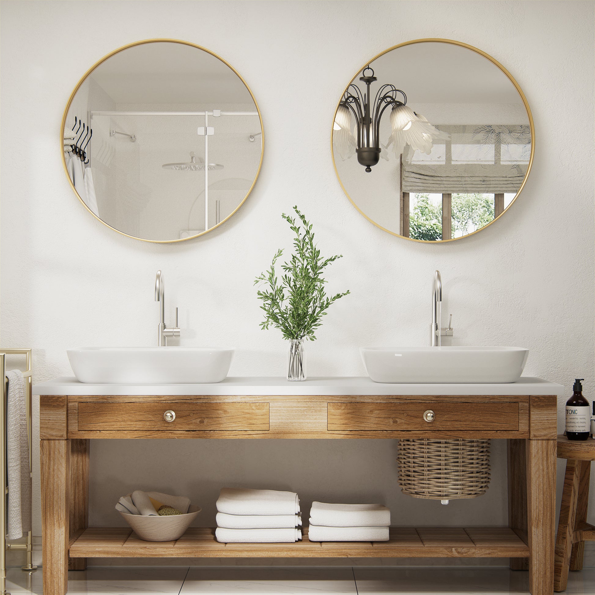 DECOTU Gold Iron Frame Round Wall Mirror, Wall-Mounted Setup in Bathroom Space