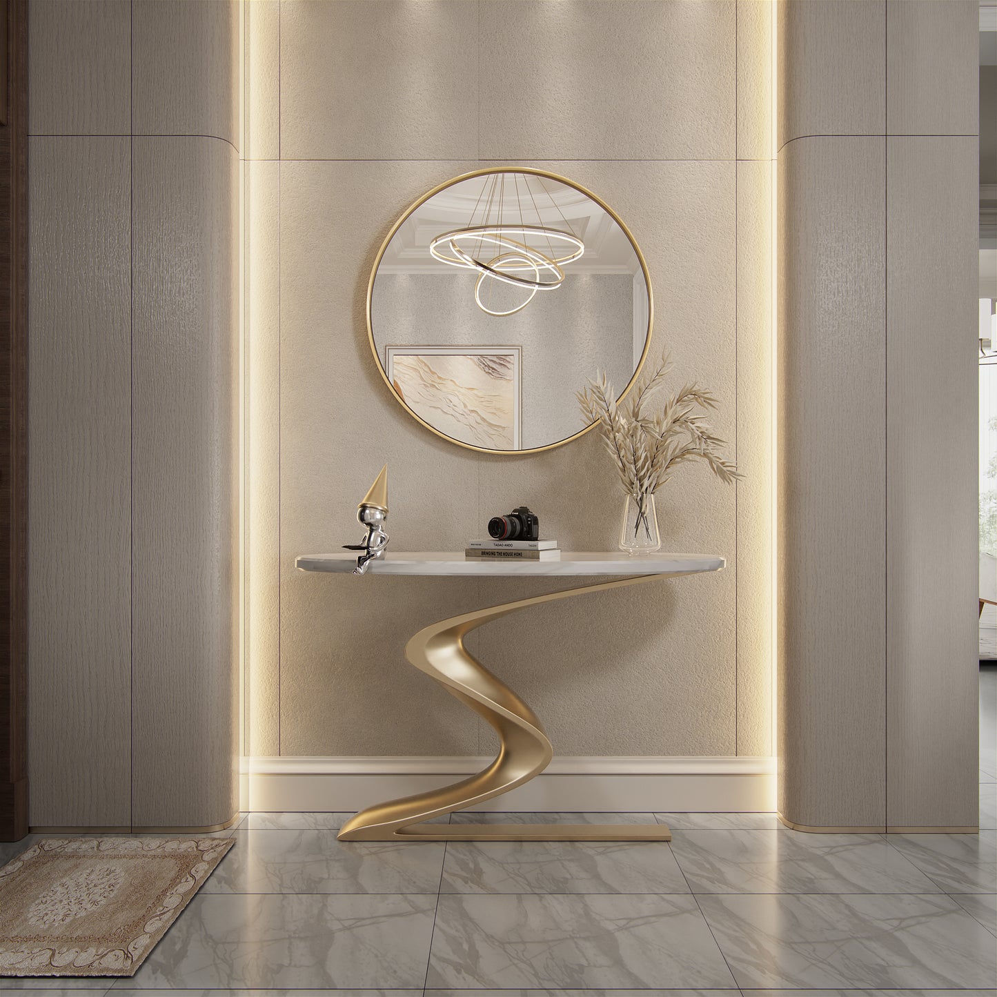 DECOTU Gold Iron Frame Round Wall Mirror, Wall-Mounted Setup in Home