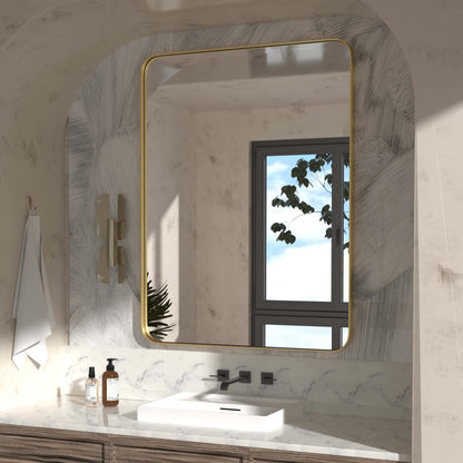 DECOTU Gold Iron Rectangular Wall Mirror, Wall-Mounted Setup in Bathroom Space