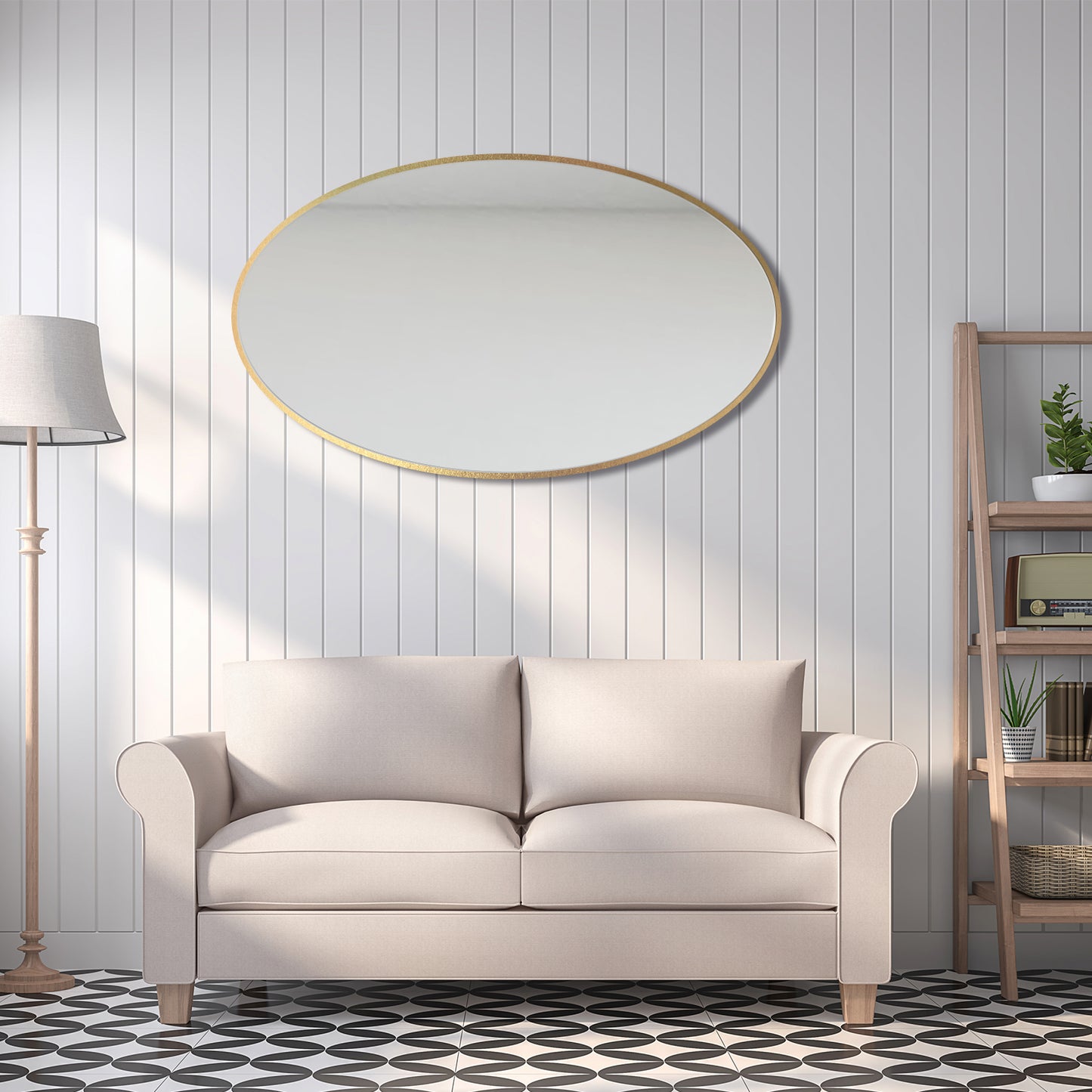 DECOTU Gold Iron Frame Oval Wall Mirror, Wall-Mounted Setup in Living Room Space