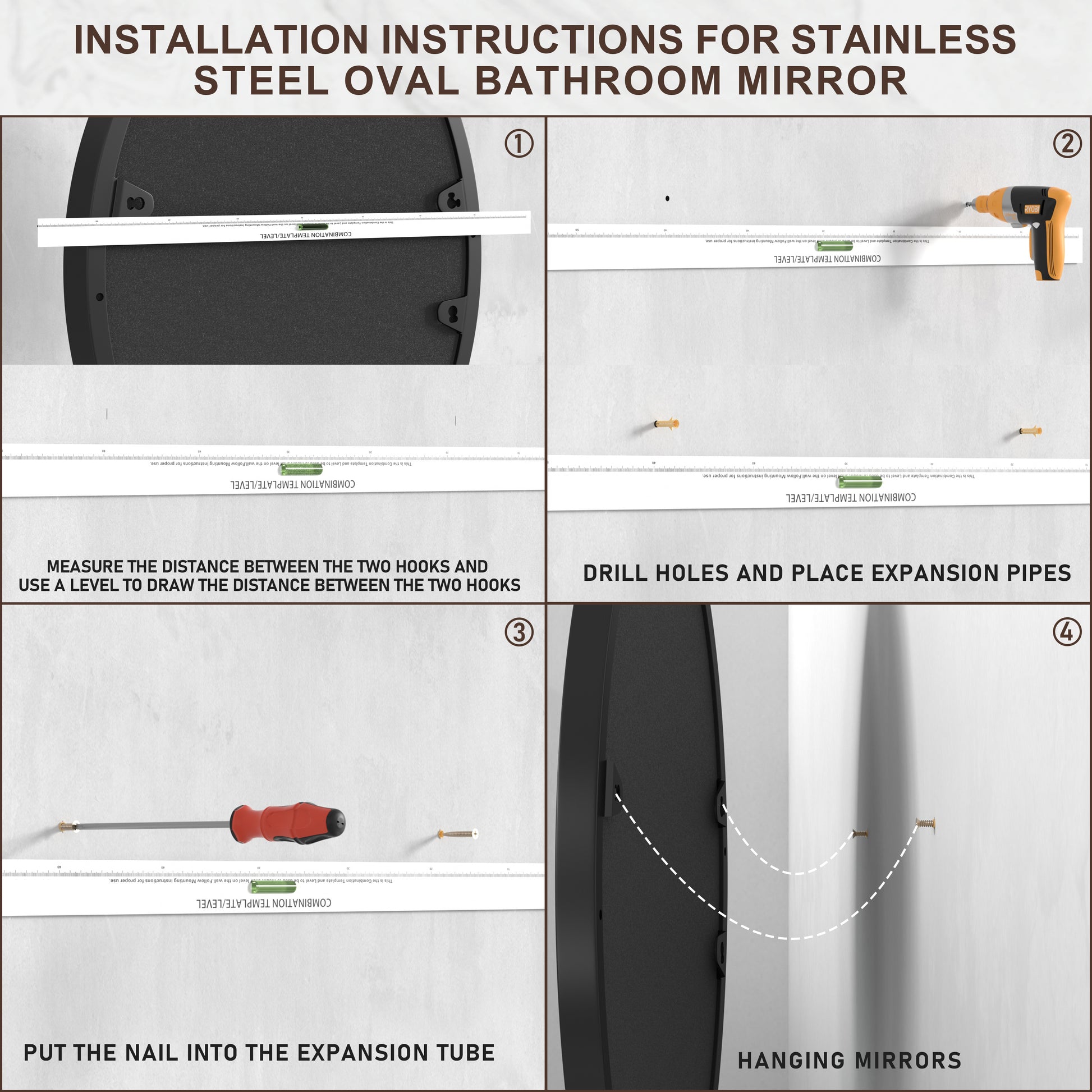 Installation Guide of DECOTU Black Stainless Steel Frame Oval Wall Mirror, Premium Material & Modern Elegant Decor