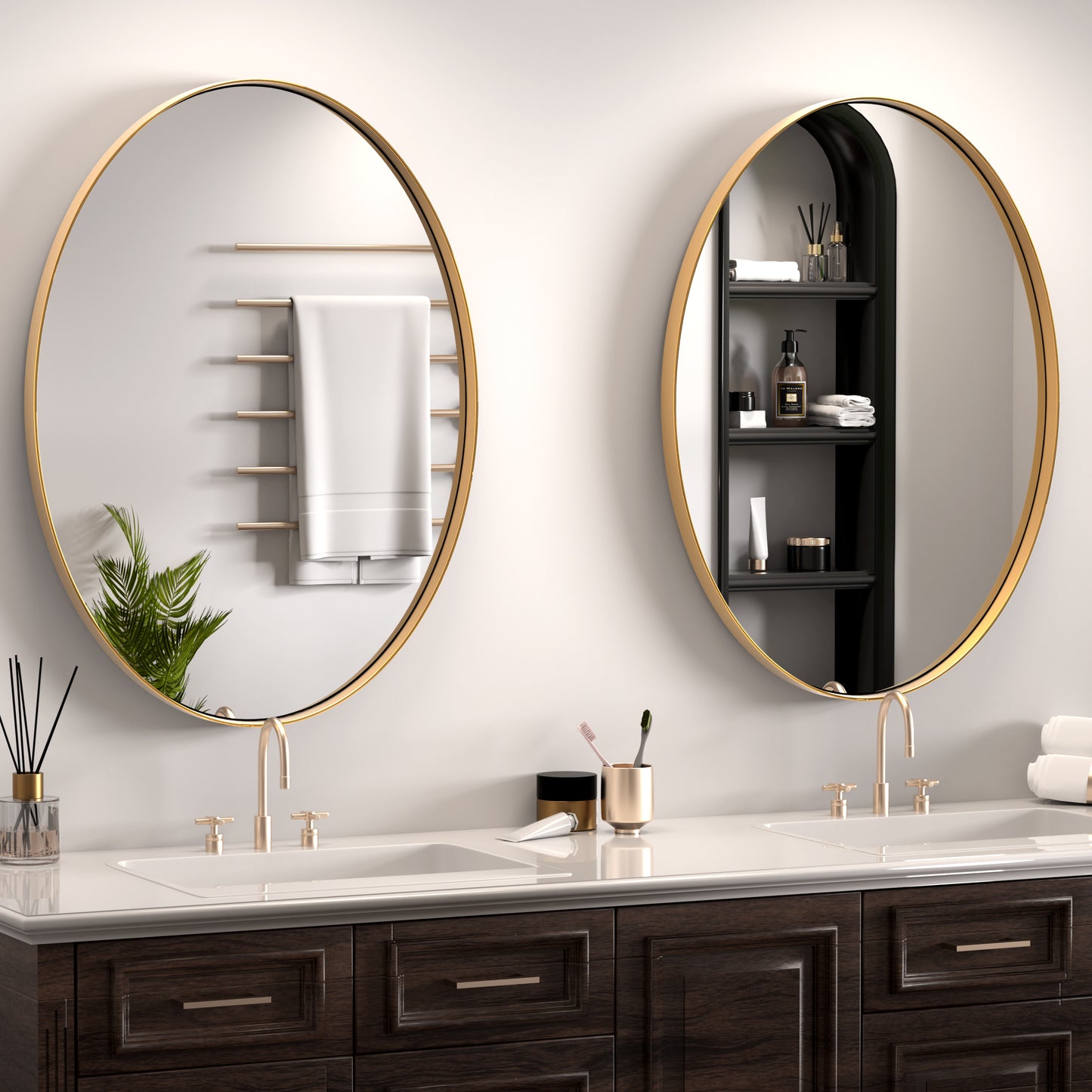 DECOTU Gold Stainless Steel Frame Oval Wall Mirror, Wall-Mounted Setup in Bathroom Space