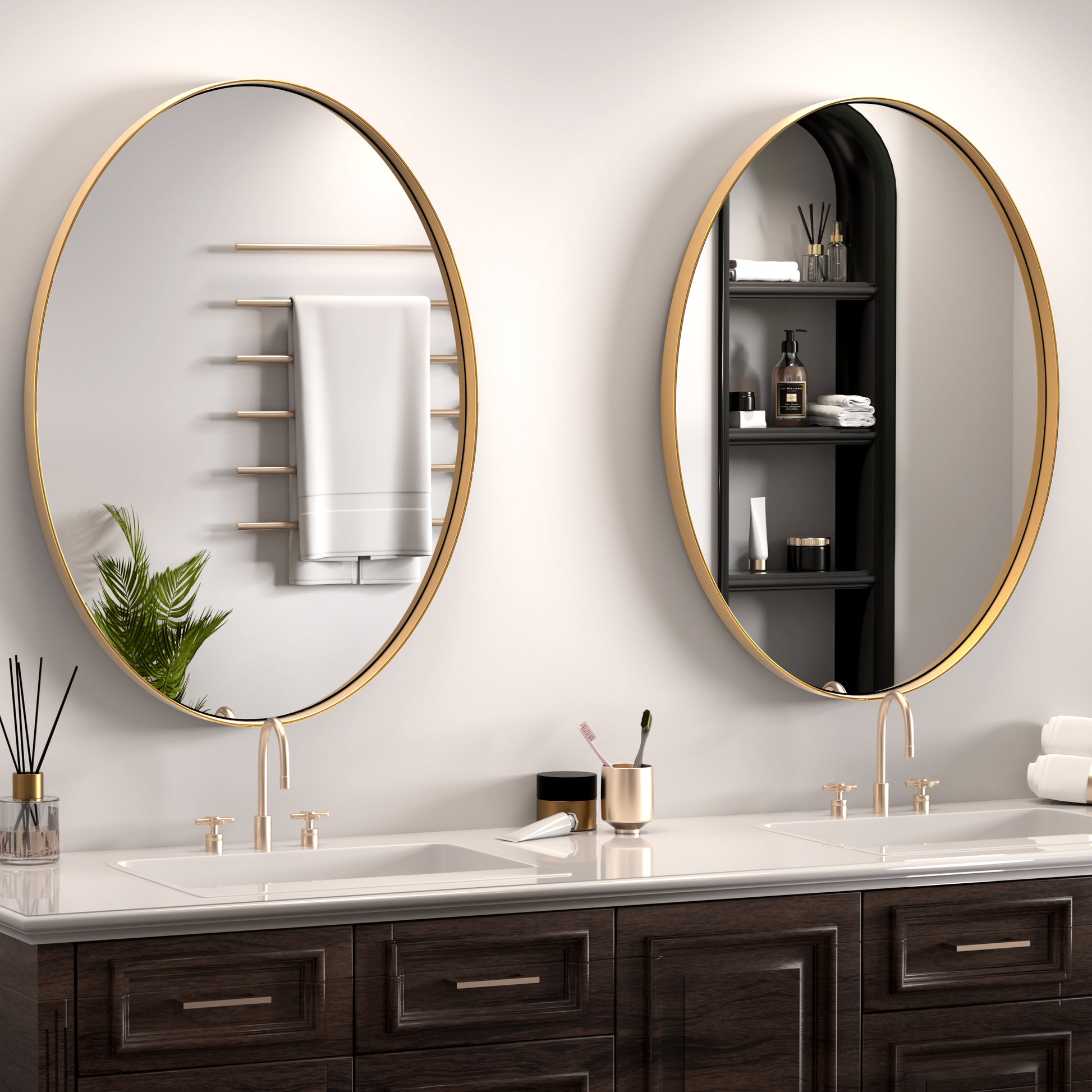 DECOTU Gold Stainless Steel Frame Oval Wall Mirror, Wall-Mounted Setup in Bathroom Space