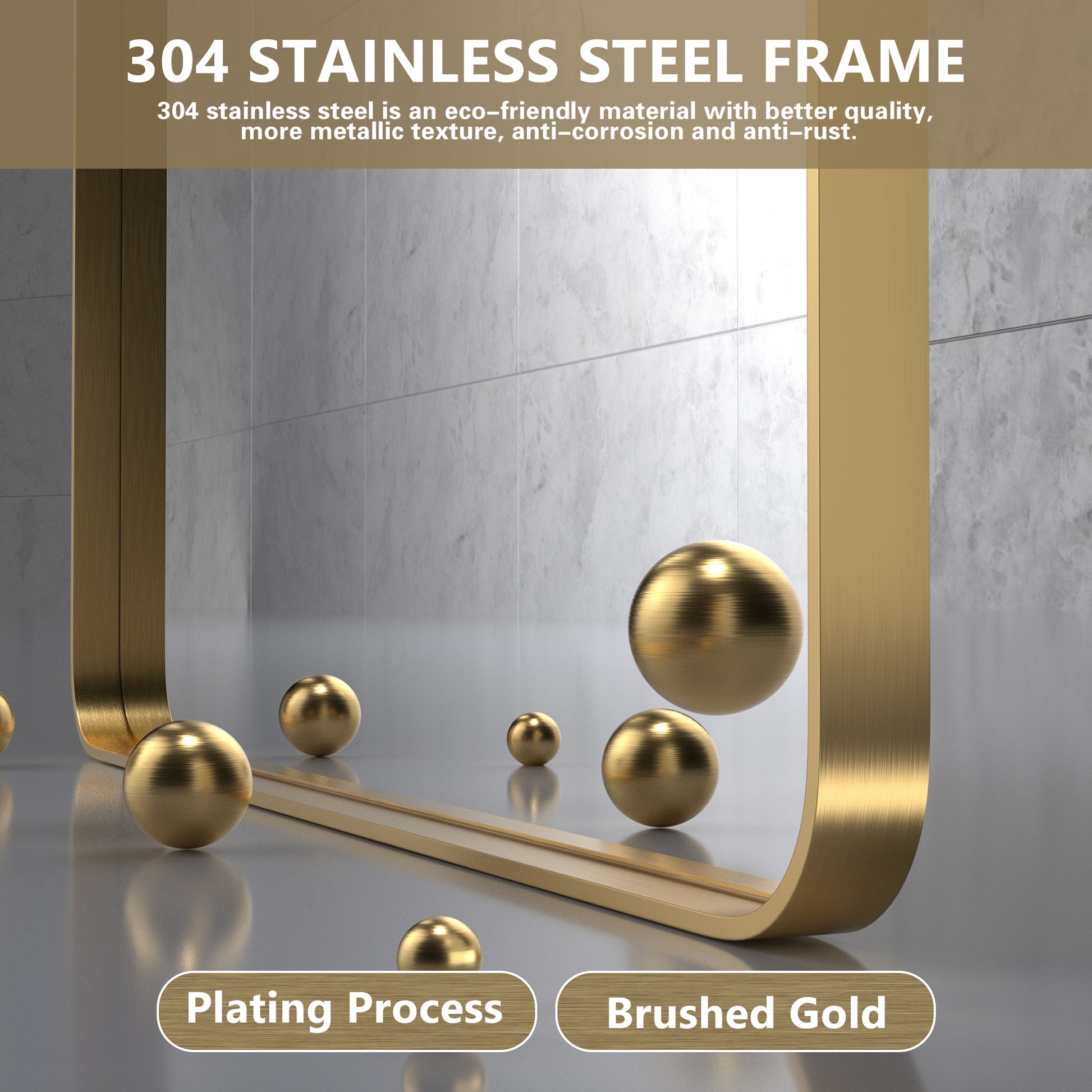 Closeup Detail of DECOTU Gold Rectangular Wall Mirror’s Anti-Oxidation Metal Frame