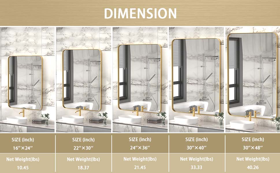 DECOTU Gold Rectangular Wall Mirror, Various Sizes Available for Custom Needs, Size Diagram