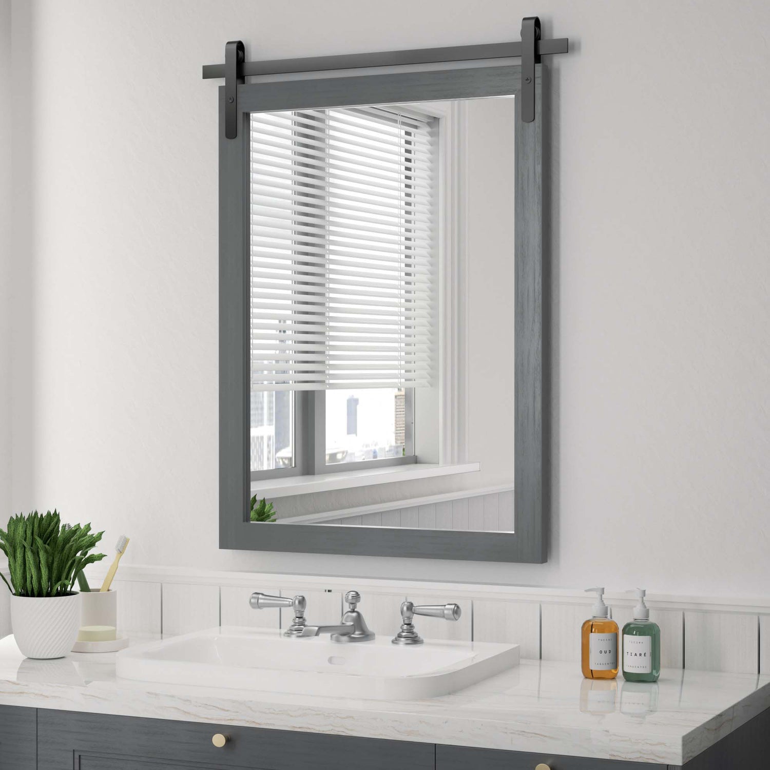 DECOTU Gray Wood Rectangular Wall Mirror, Handmade Rustic Frame with Iron Clip & HD Glass, Wall-Mounted for Bathroom