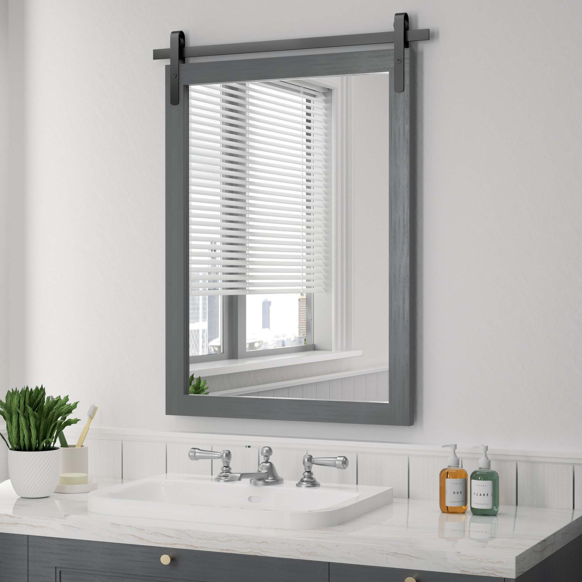 DECOTU Gray Wood Rectangular Wall Mirror, Handmade Rustic Frame with Iron Clip & HD Glass, Wall-Mounted for Bathroom