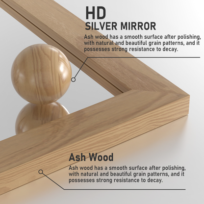 Closeup Detail of DECOTU Light Brown Wood Rectangular Wall Mirror’s wood Frame