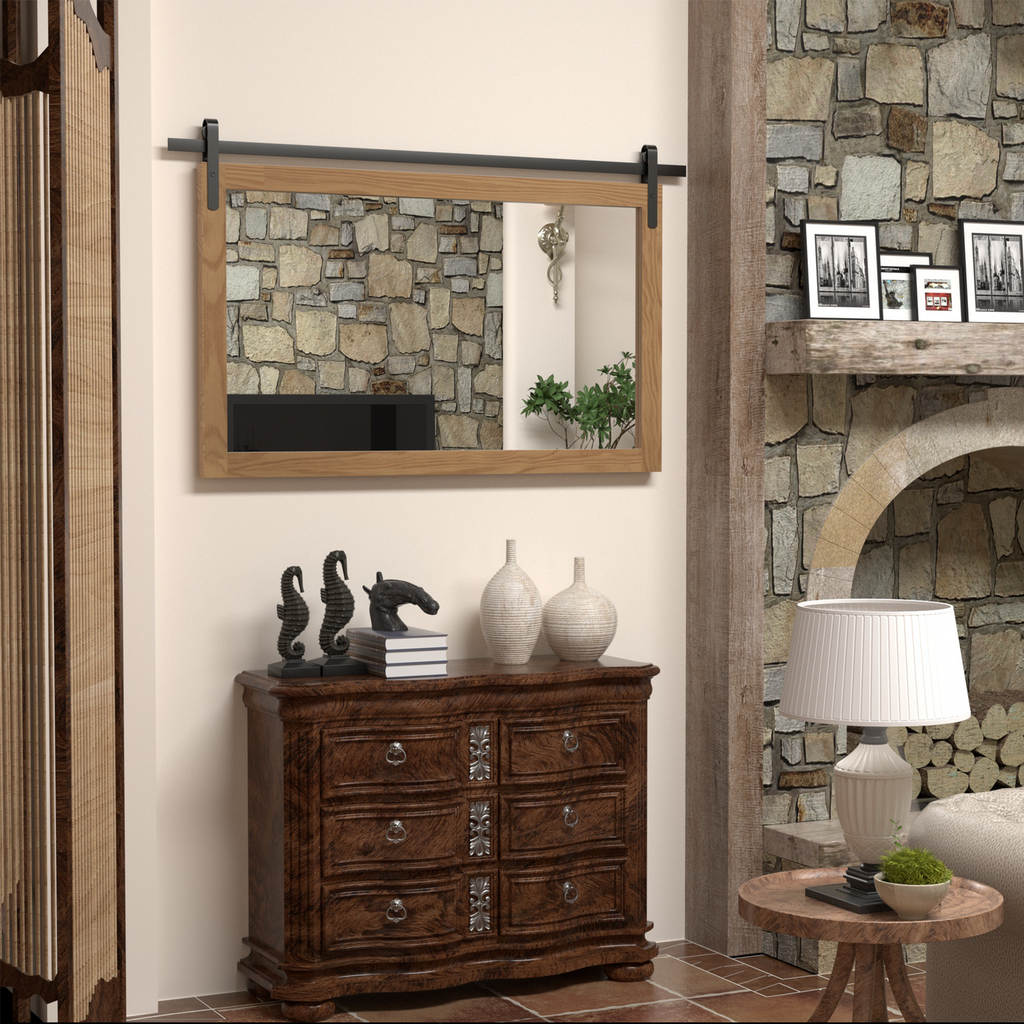 DECOTU Light Brown Wood Rectangular Wall Mirror, Handmade Rustic Frame with Iron Clip & HD Glass, Wall-Mounted Setup in Home