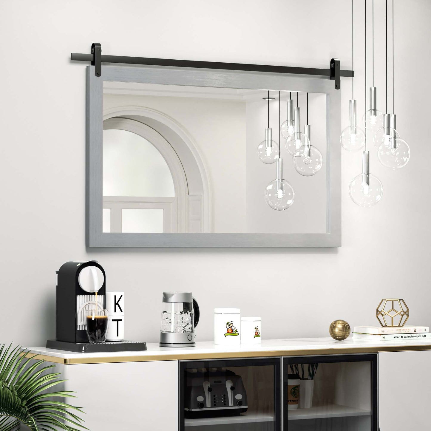 DECOTU Gray Wood Rectangular Wall Mirror, Handmade Rustic Frame with Iron Clip & HD Glass, Wall-Mounted Setup in Living Room Space 