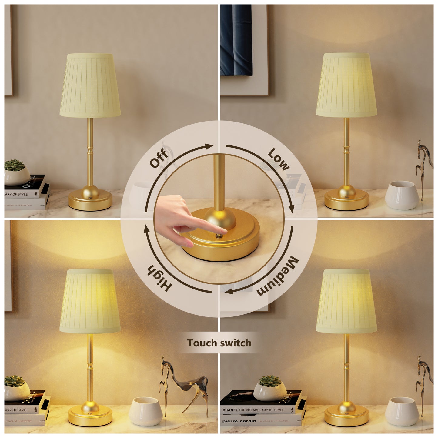 DECOTU Pleat Fabric Round Table Lamp - 3-Level Brightness (Low/Mid/High) Dimming Effect, Touch Control Demo