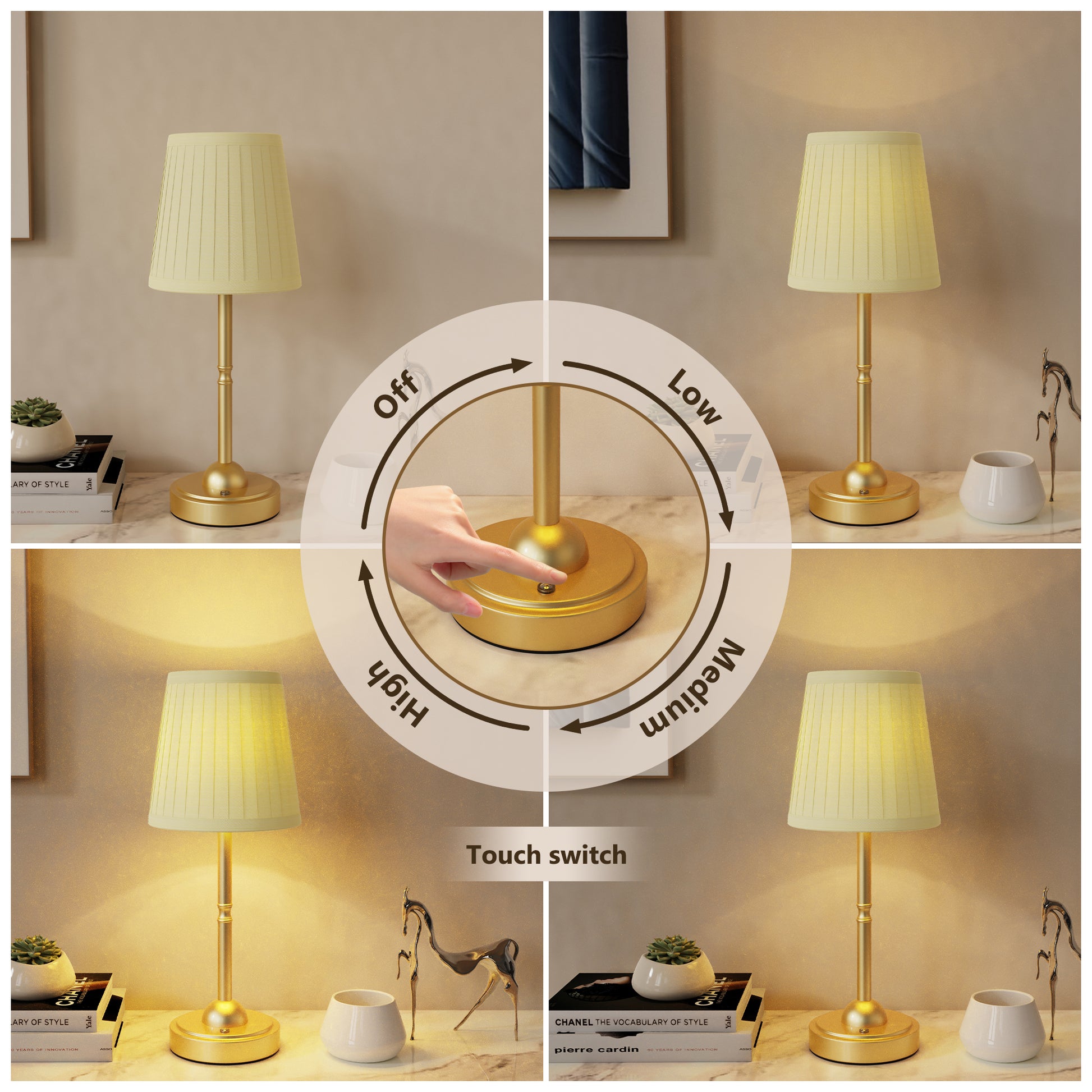 DECOTU Pleat Fabric Round Table Lamp - 3-Level Brightness (Low/Mid/High) Dimming Effect, Touch Control Demo