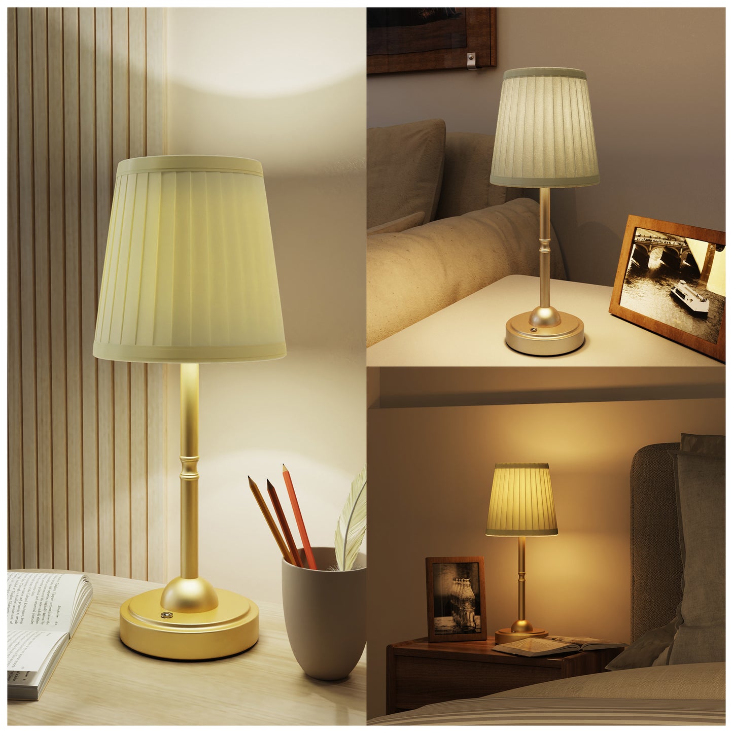 DECOTU Pleat Fabric Round Table Lamp in Bedroom Scene - Placed on Nightstand, Soft Lighting for Bedside
