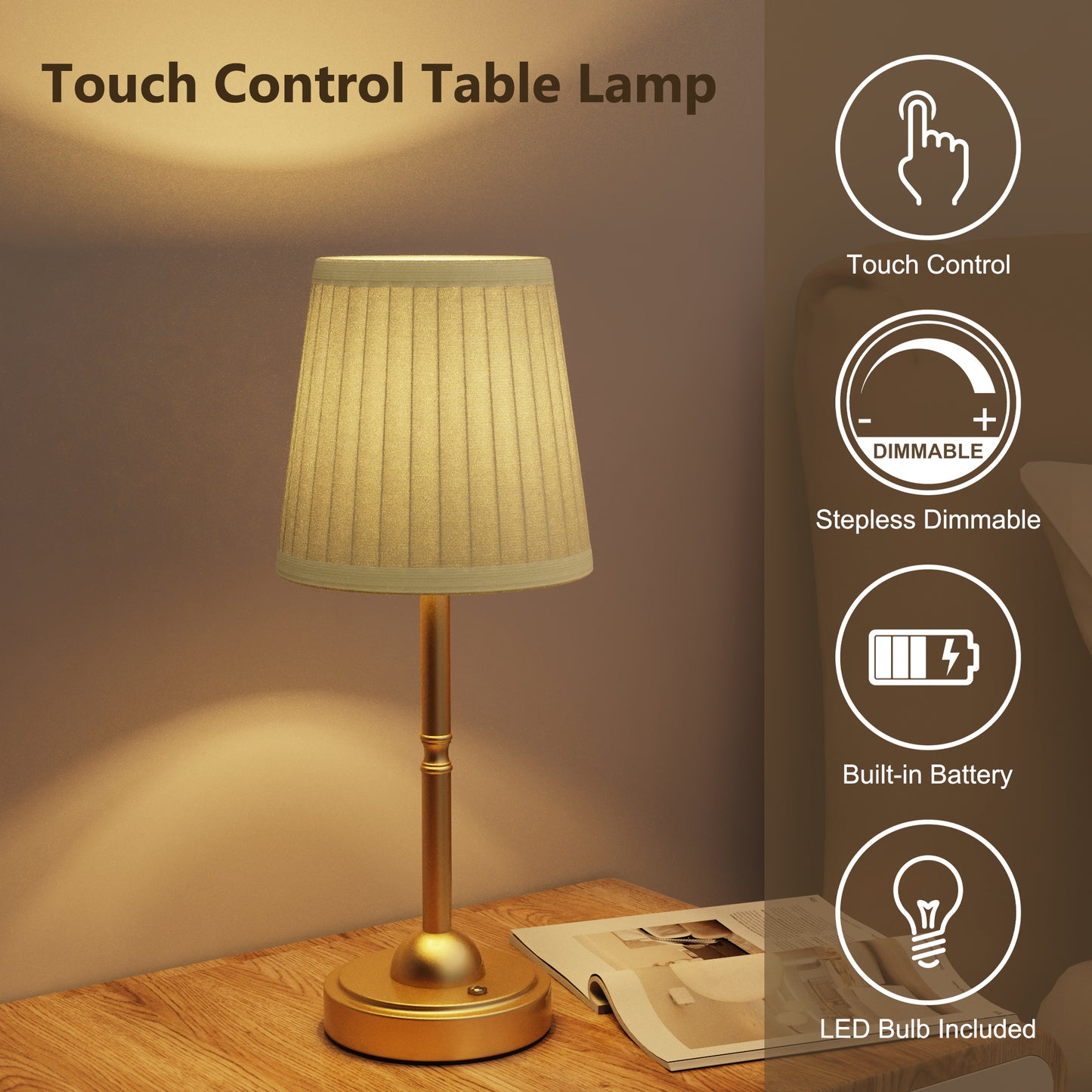 DECOTU Pleat Fabric Round Table Lamp - Core Features Display (Pleated Texture, Touch Control, Sturdy Base)