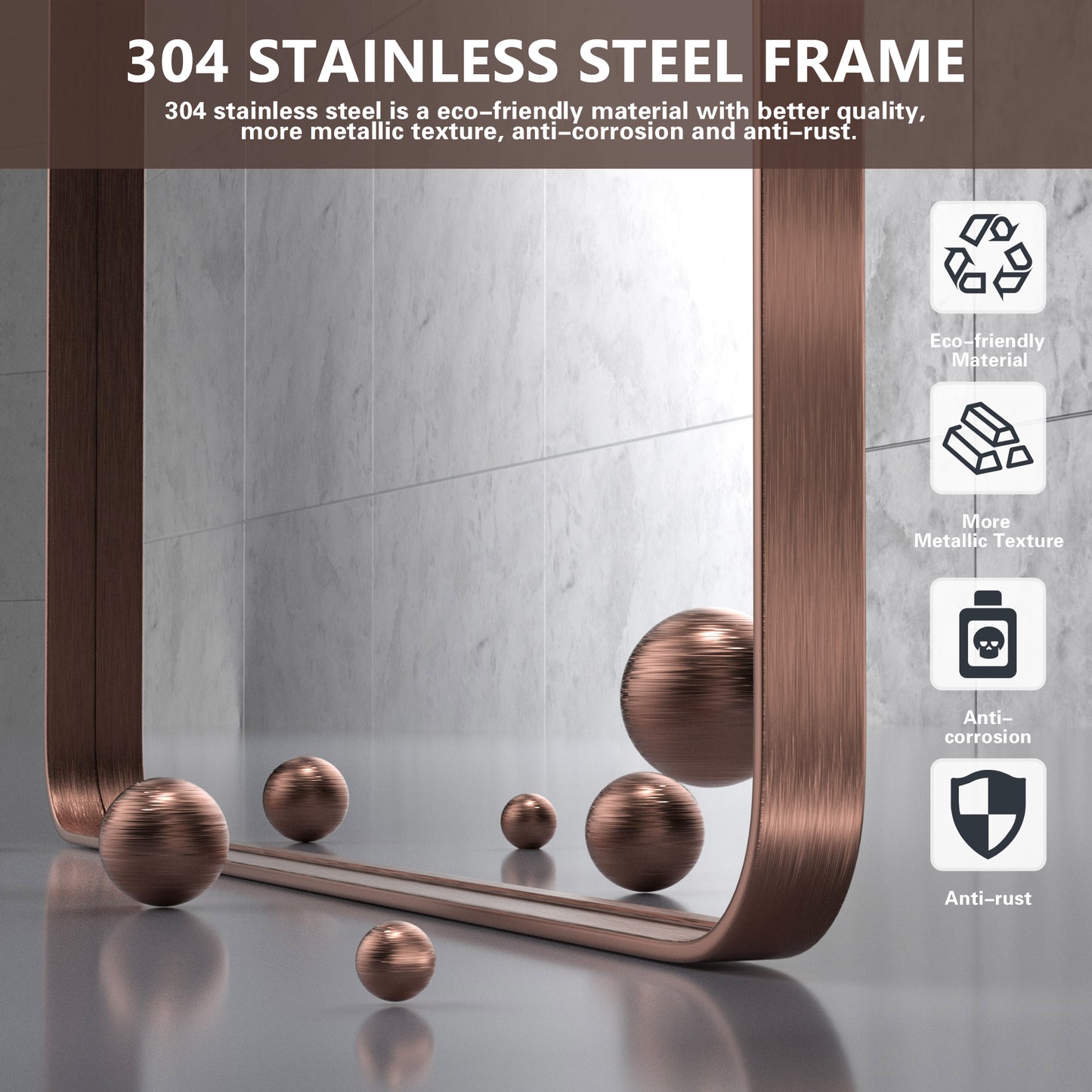 Closeup Detail of DECOTU Red Bronze Rectangular Wall Mirror’s Anti-Oxidation Metal Frame