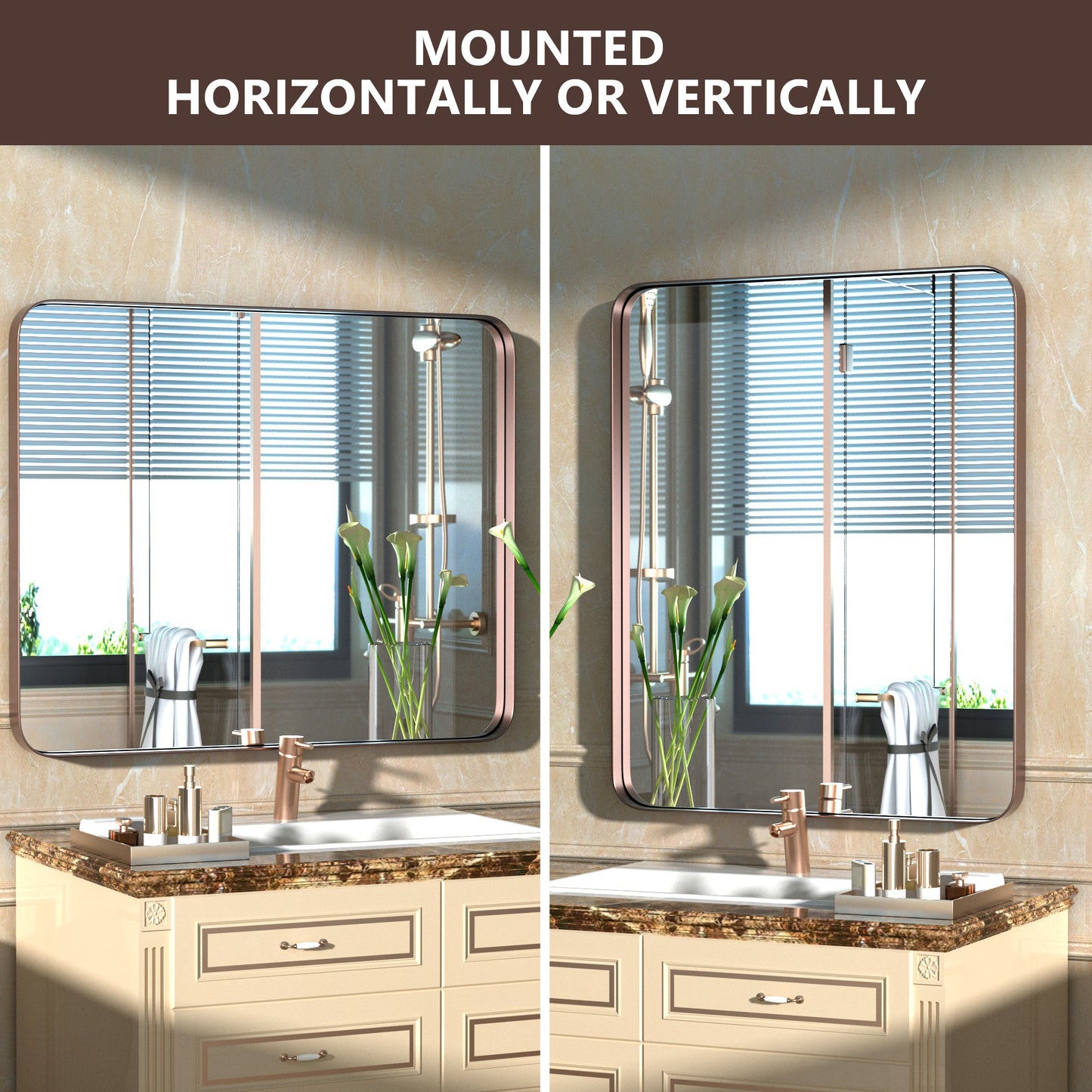 Mounted Method of DECOTU Red Bronze Rectangular Wall Mirror with Anti-Oxidation Coating, Wall-Mounted for Bathroom Vanity