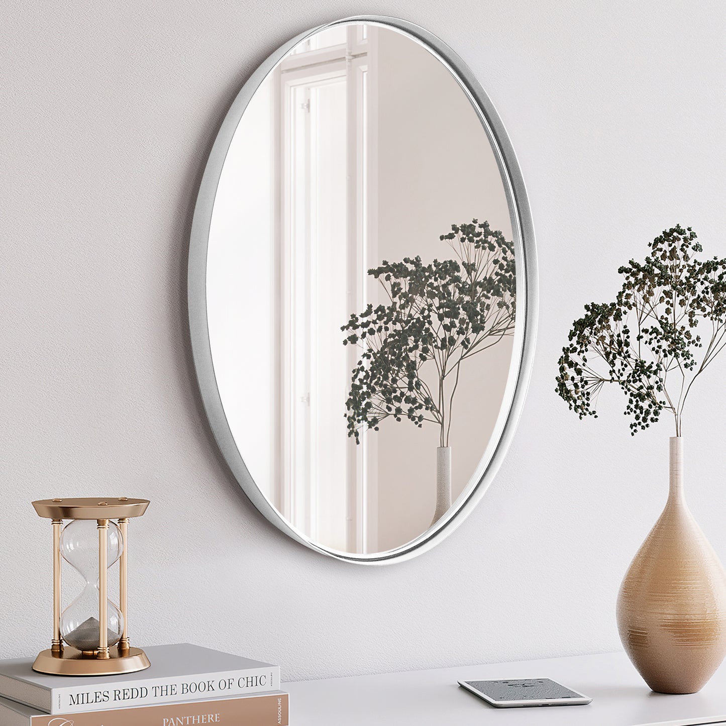 DECOTU Silver Iron Frame Oval Wall Mirror, Premium Material & Modern Elegant Decor, Wall-Mounted for Diverse Indoor Spaces