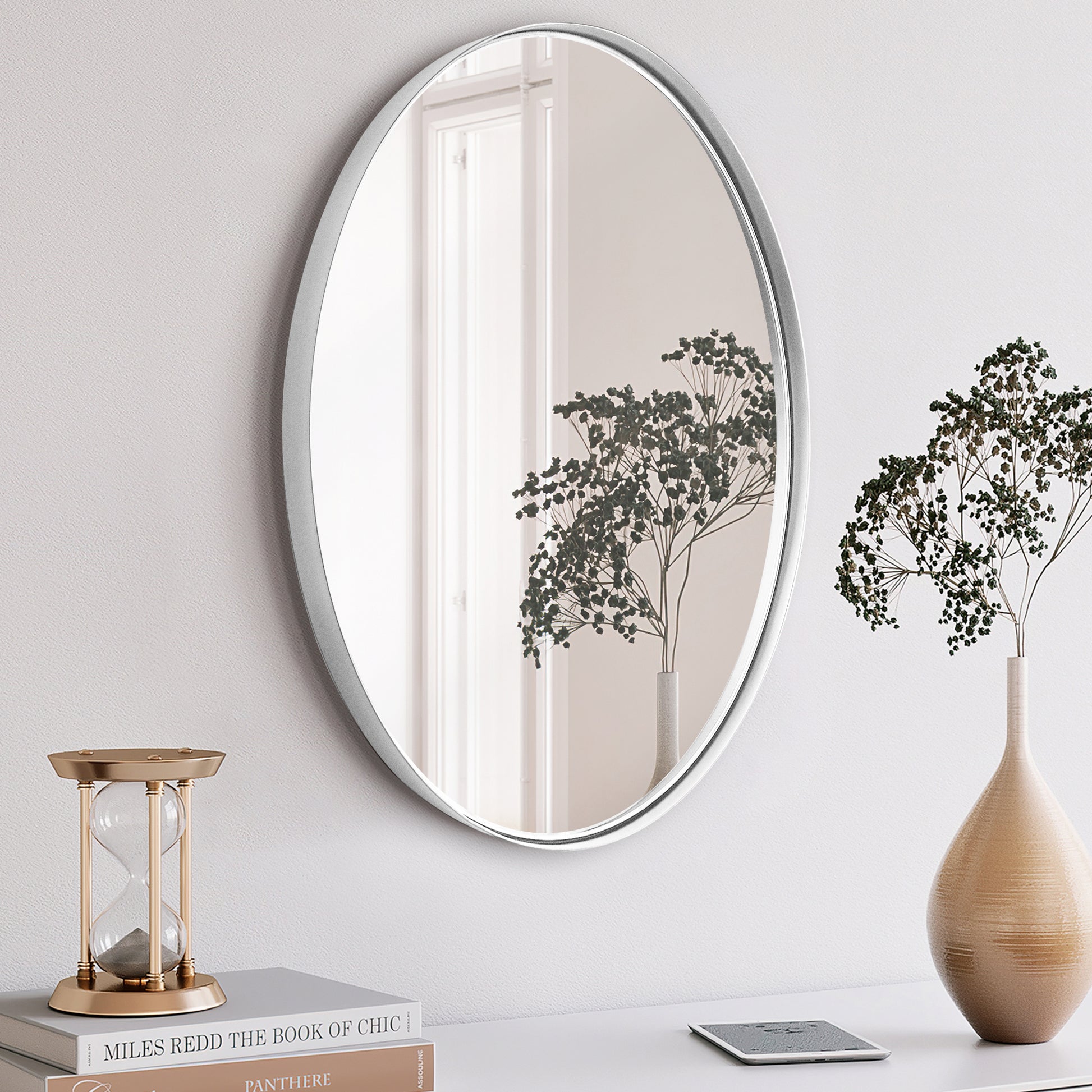DECOTU Silver Iron Frame Oval Wall Mirror, Premium Material & Modern Elegant Decor, Wall-Mounted for Diverse Indoor Spaces