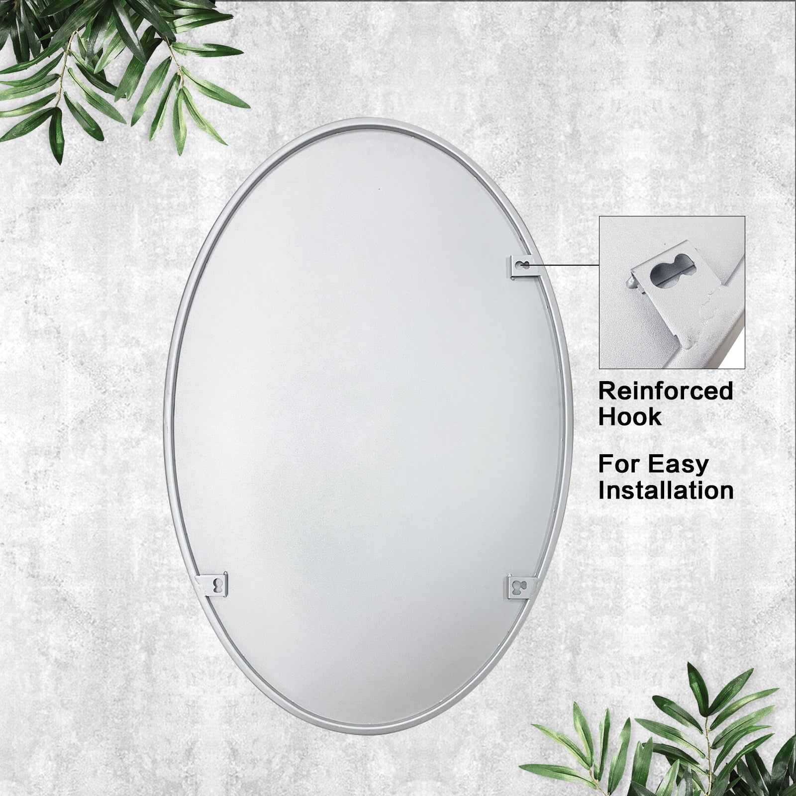 DECOTU Silver Iron Frame Oval Wall Mirror, Iron Frame with Reinforced Backboard & Stability, Wall-Mounted for Diverse Indoor Spaces 