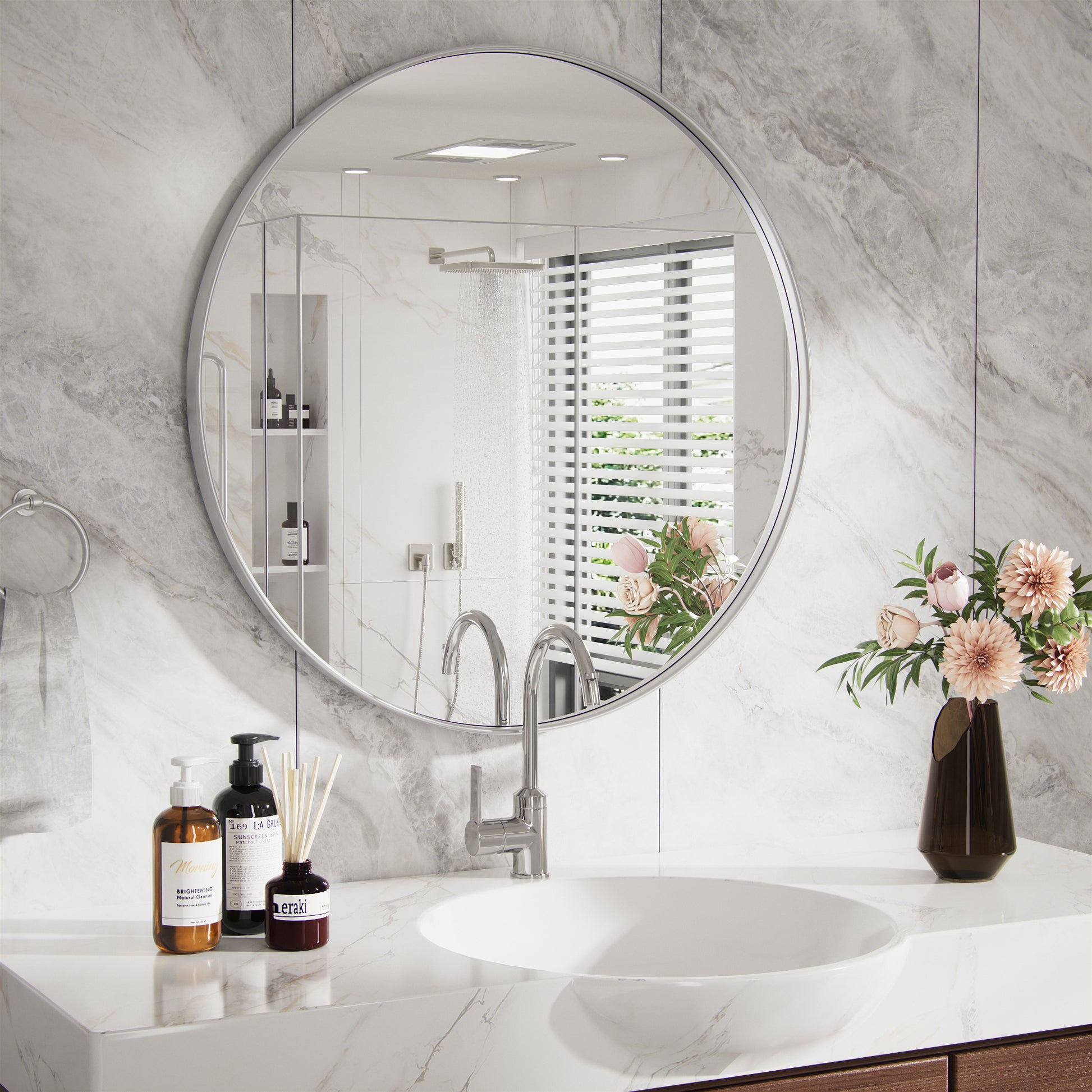 DECOTU Silver Iron Frame Round Wall Mirror, Premium Material & Modern Elegant Decor, Wall-Mounted for Bathroom