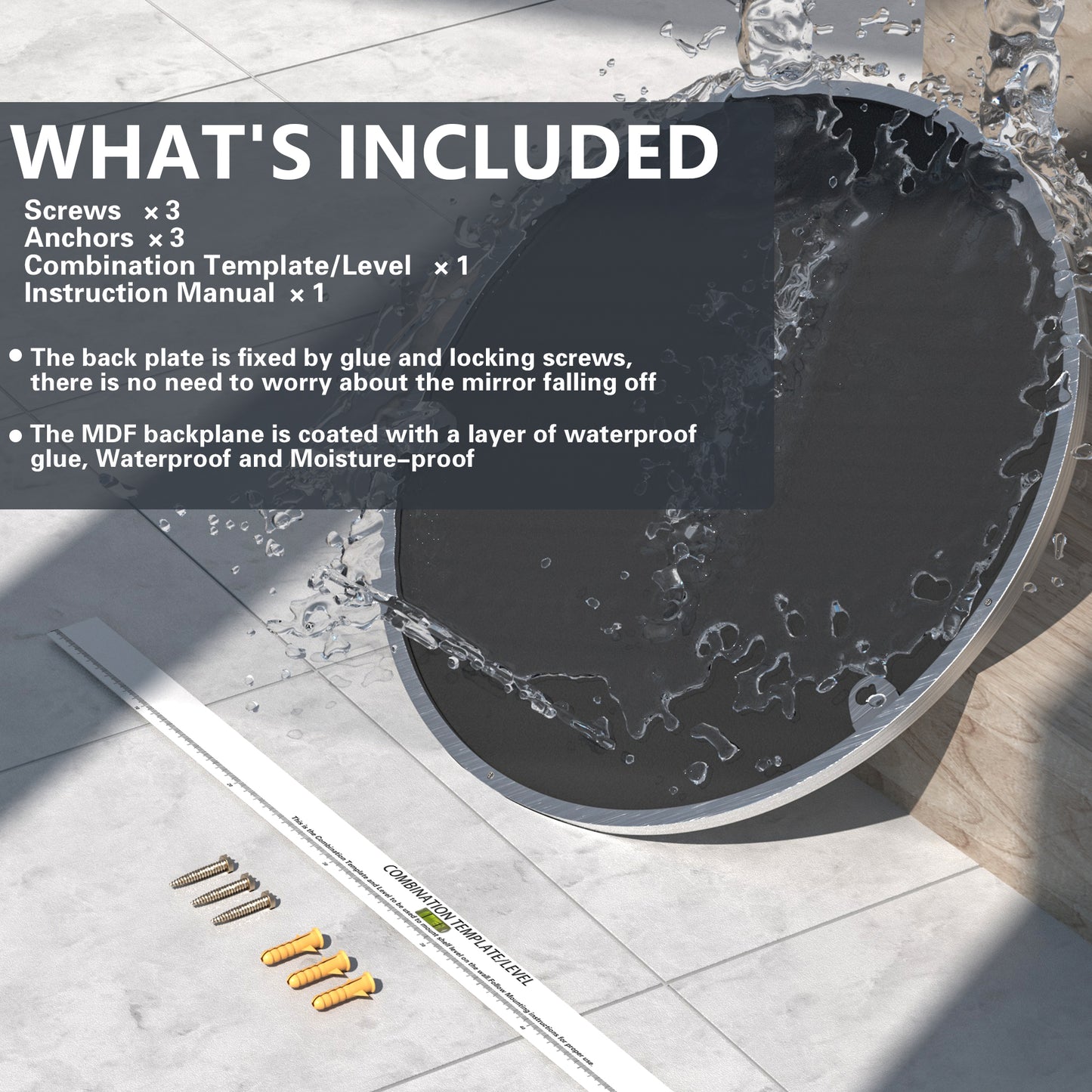 Backboard View of DECOTU Silver Round Wall Mirror with Anti-Oxidation Coating, Wall-Mounted for Bathroom Vanity