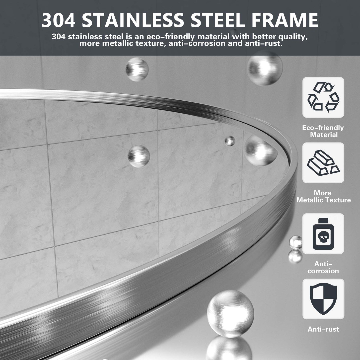 Closeup Detail of DECOTU Silver Round Wall Mirror’s Anti-Oxidation Metal Frame