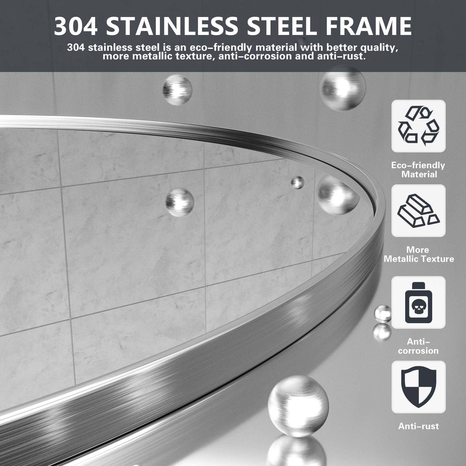 Closeup Detail of DECOTU Silver Round Wall Mirror’s Anti-Oxidation Metal Frame