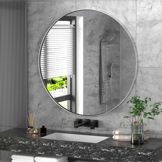 DECOTU Silver Round Vanity Mirror, Stainless Steel Frame with Anti-Corrosion & Moisture-Resistant Build & HD 4mm Glass, Wall-Mounted for Bathroom Vanity
