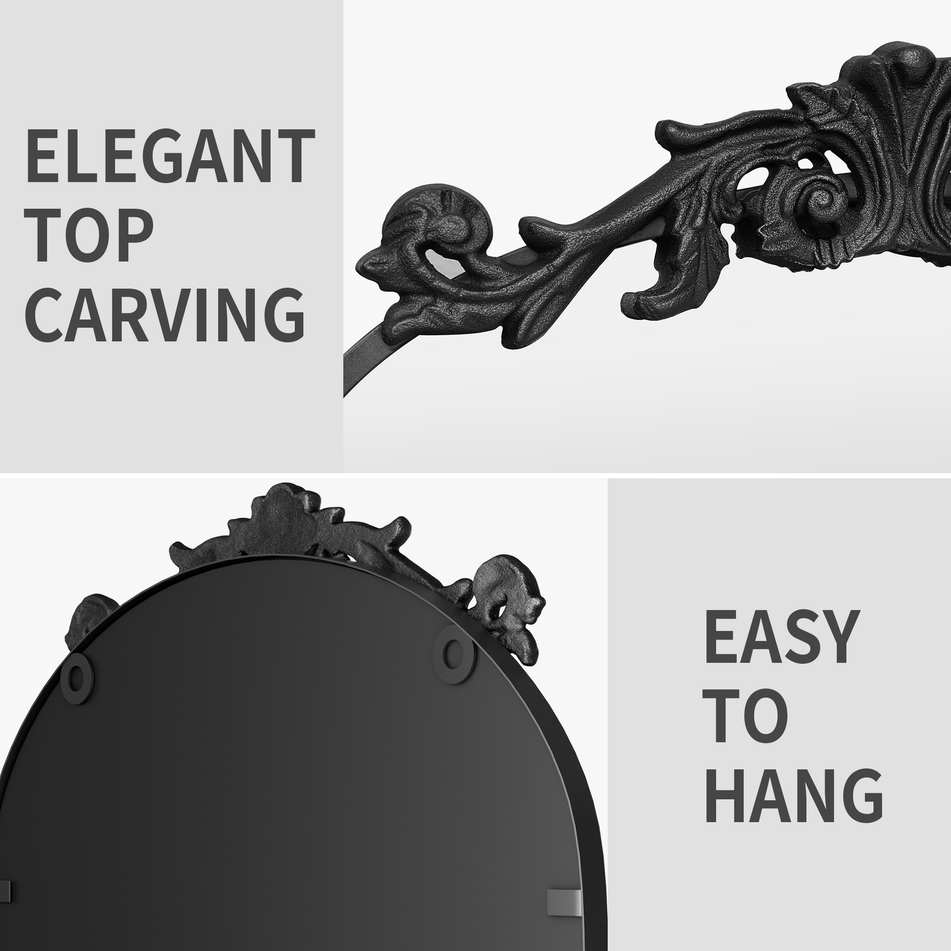 Closeup Detail of DECOTU Vintage Arched Black Antique Wall Mirror with Exquisite Baroque Decor
