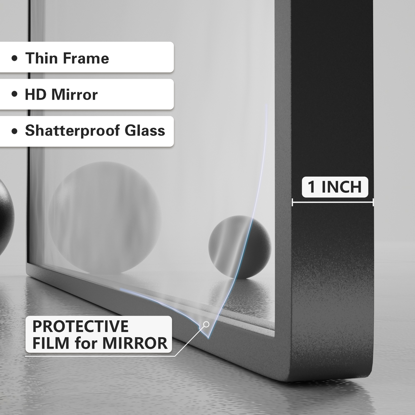 Closeup Detail of DECOTU Vintage Arched Black Antique Wall Mirror ’s HD Explosion-Proof Metal Frame